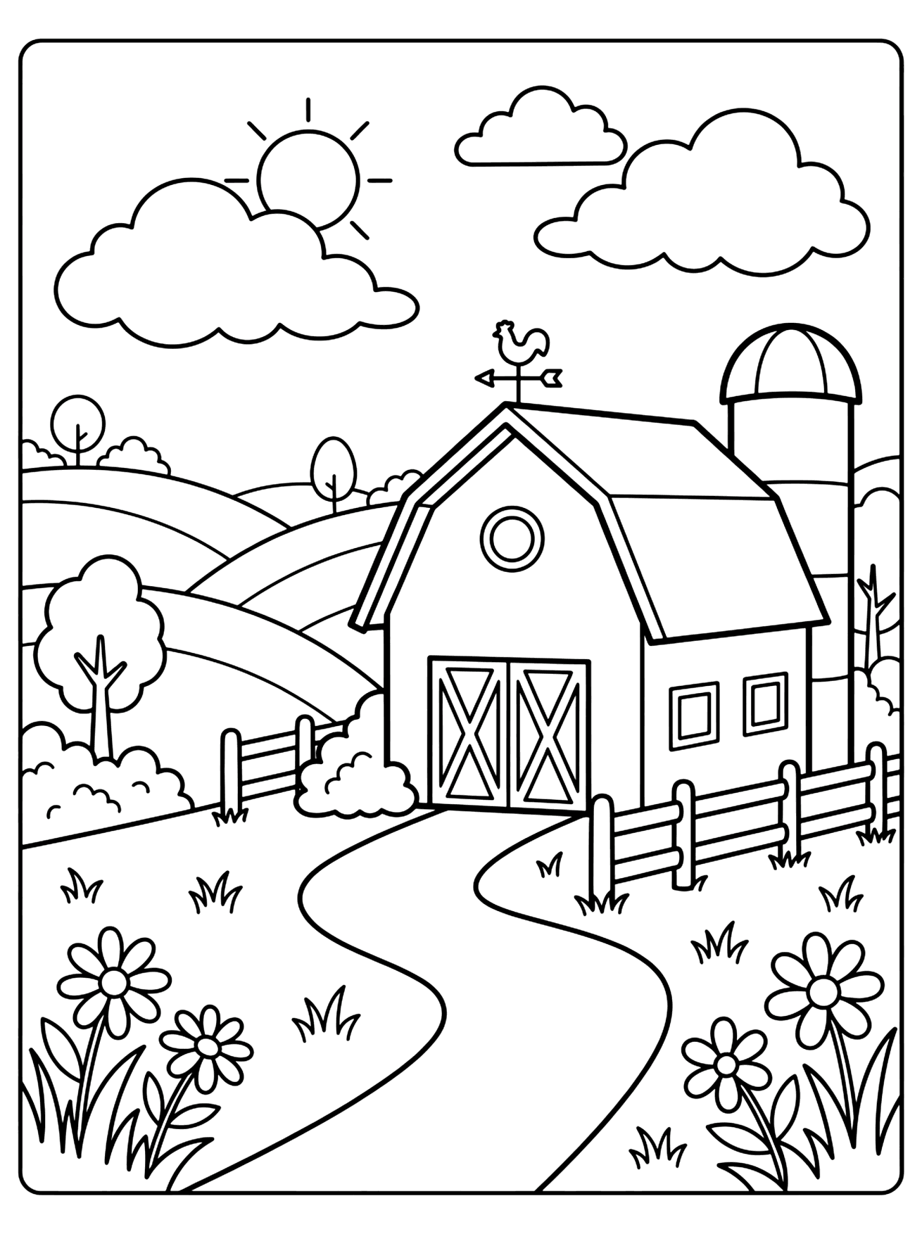 Outline drawing of a farm barn, silo, rooster weathervane, and fences on hills, houses and buildings coloring page