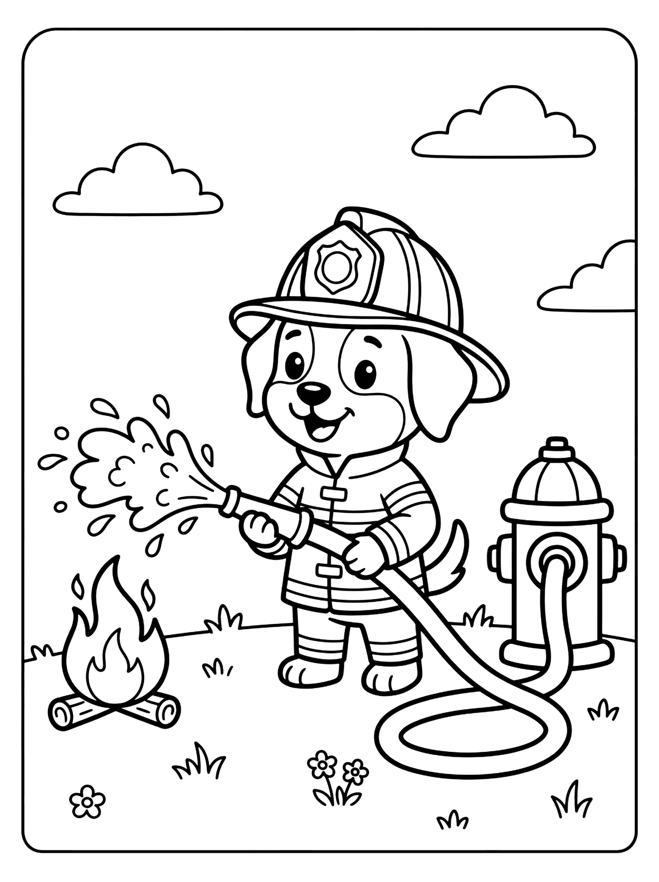 Cartoon puppy in firefighter helmet and striped coat aiming a hose at a fire near a hydrant, paw patrol coloring page