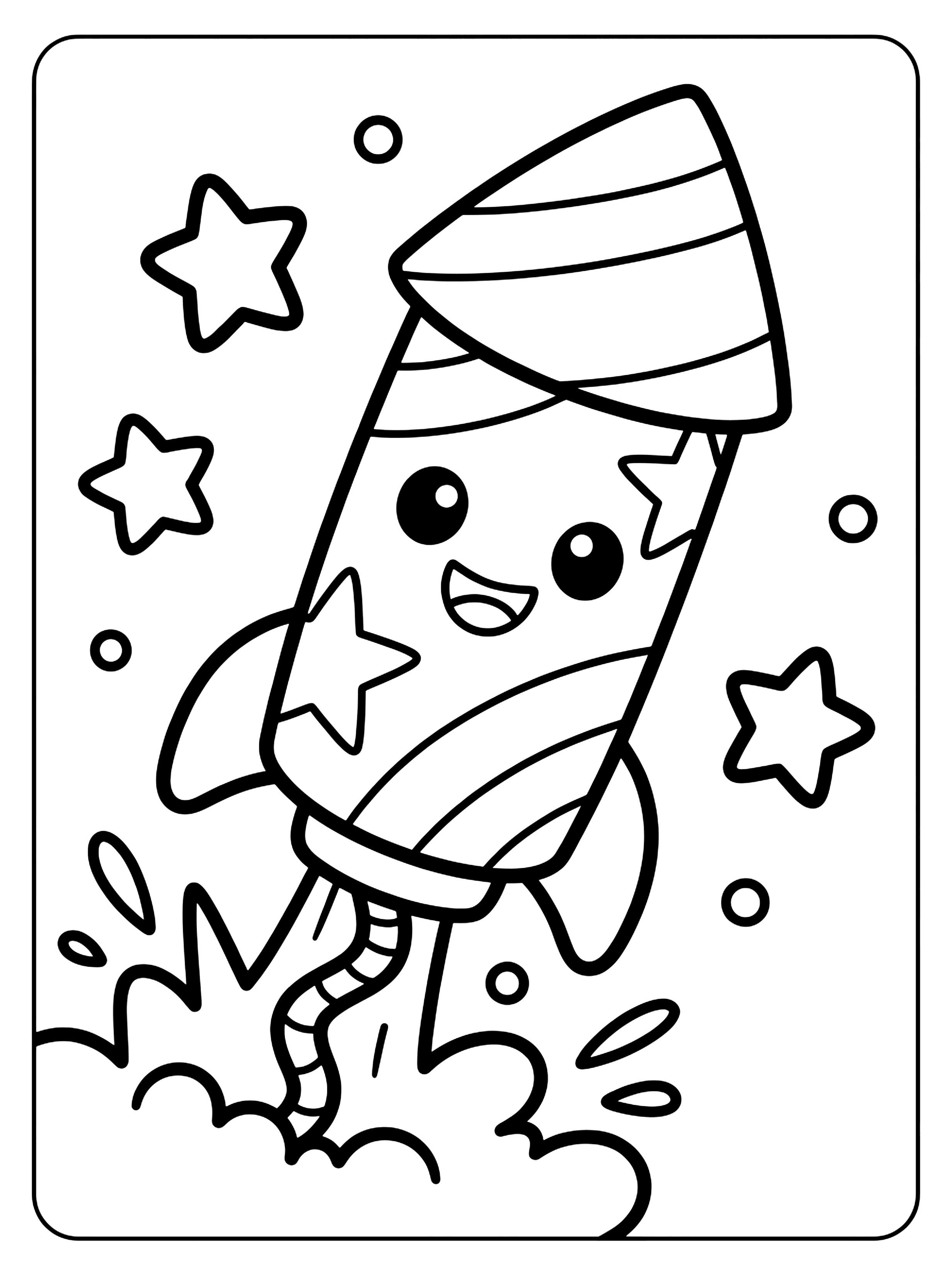 Smiling cartoon firework rocket with striped nose cone, stars, and puffy smoke below, 4th of July coloring page