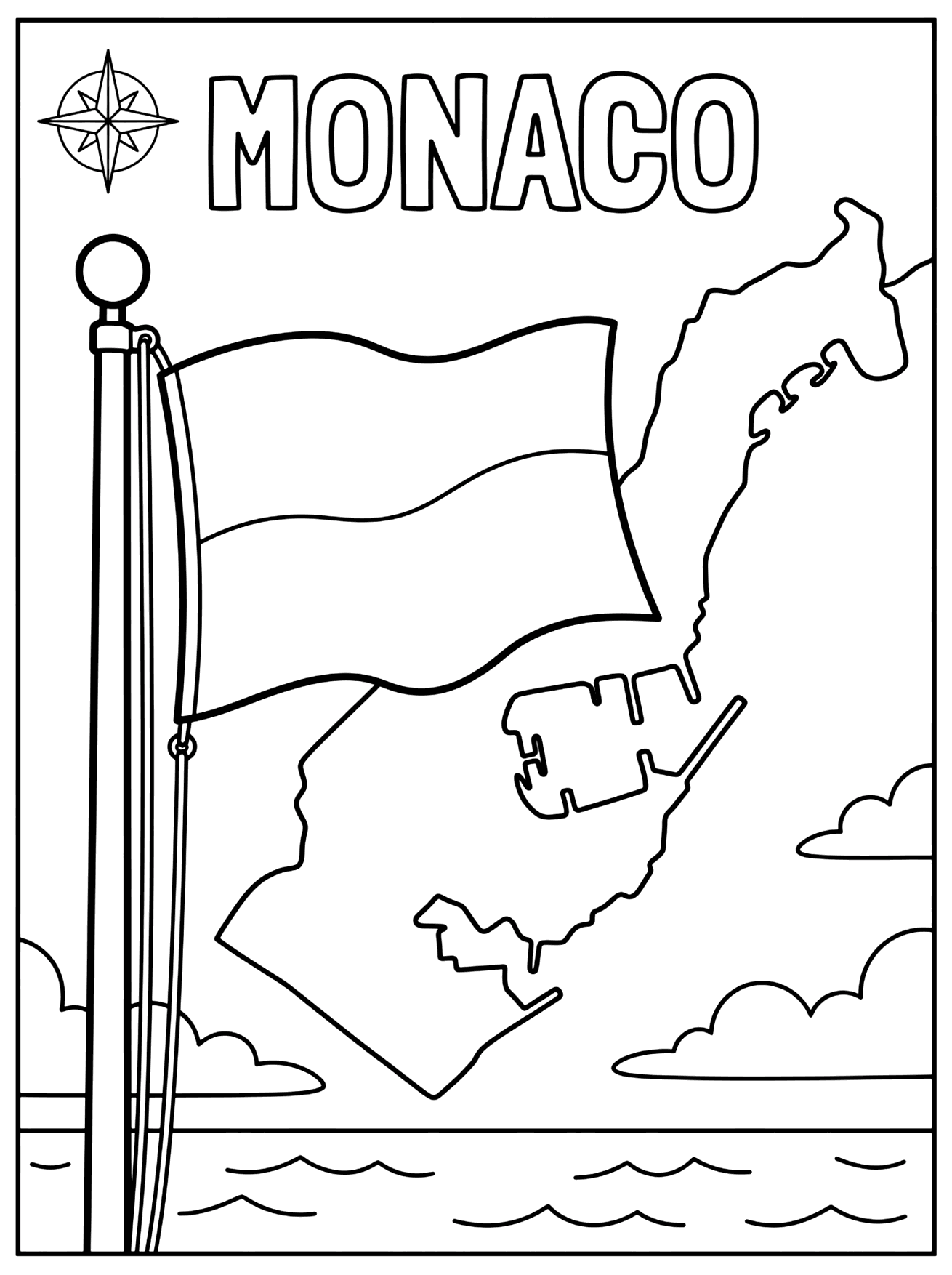 Waving flag on a tall flagpole with a coastline outline, clouds and waves behind it, monaco flag coloring page