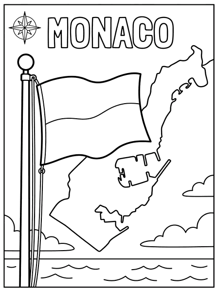 Waving flag on a tall flagpole with a coastline outline, clouds and waves behind it, monaco flag coloring page
