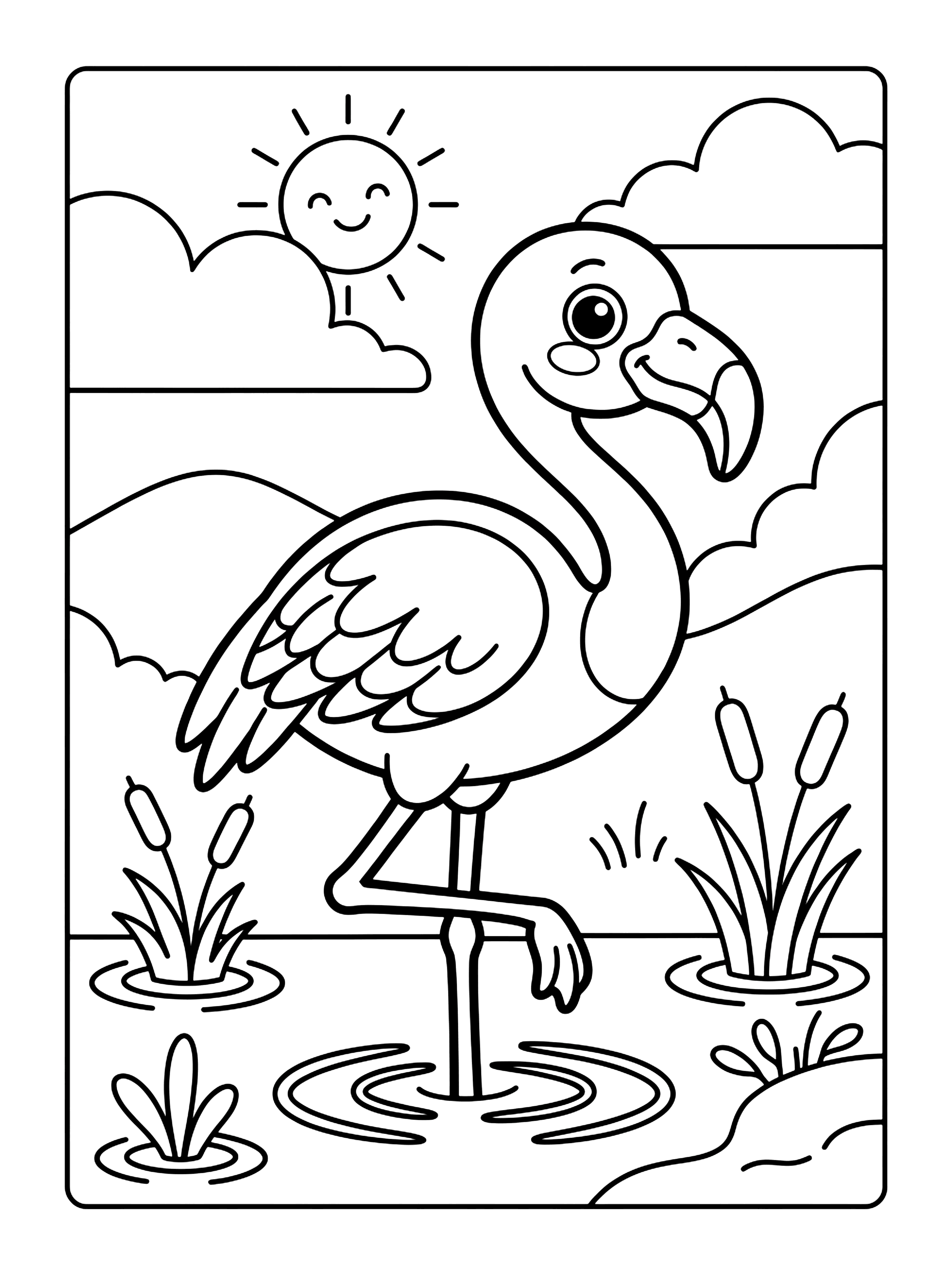 Cartoon flamingo standing on one leg in a pond with cattails and a smiling sun bird coloring page