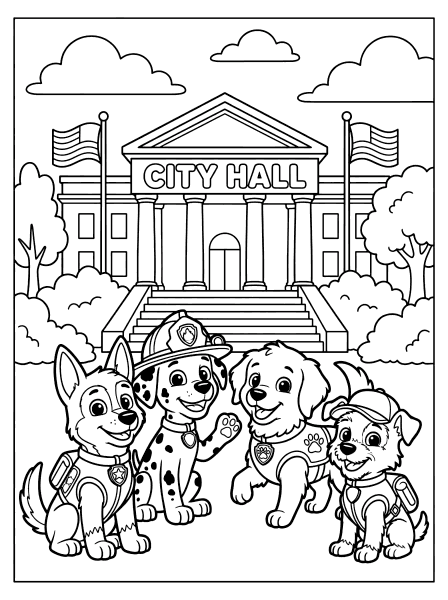 Four cartoon pups in vests posing on steps in front of City Hall with flags and trees, paw patrol coloring page