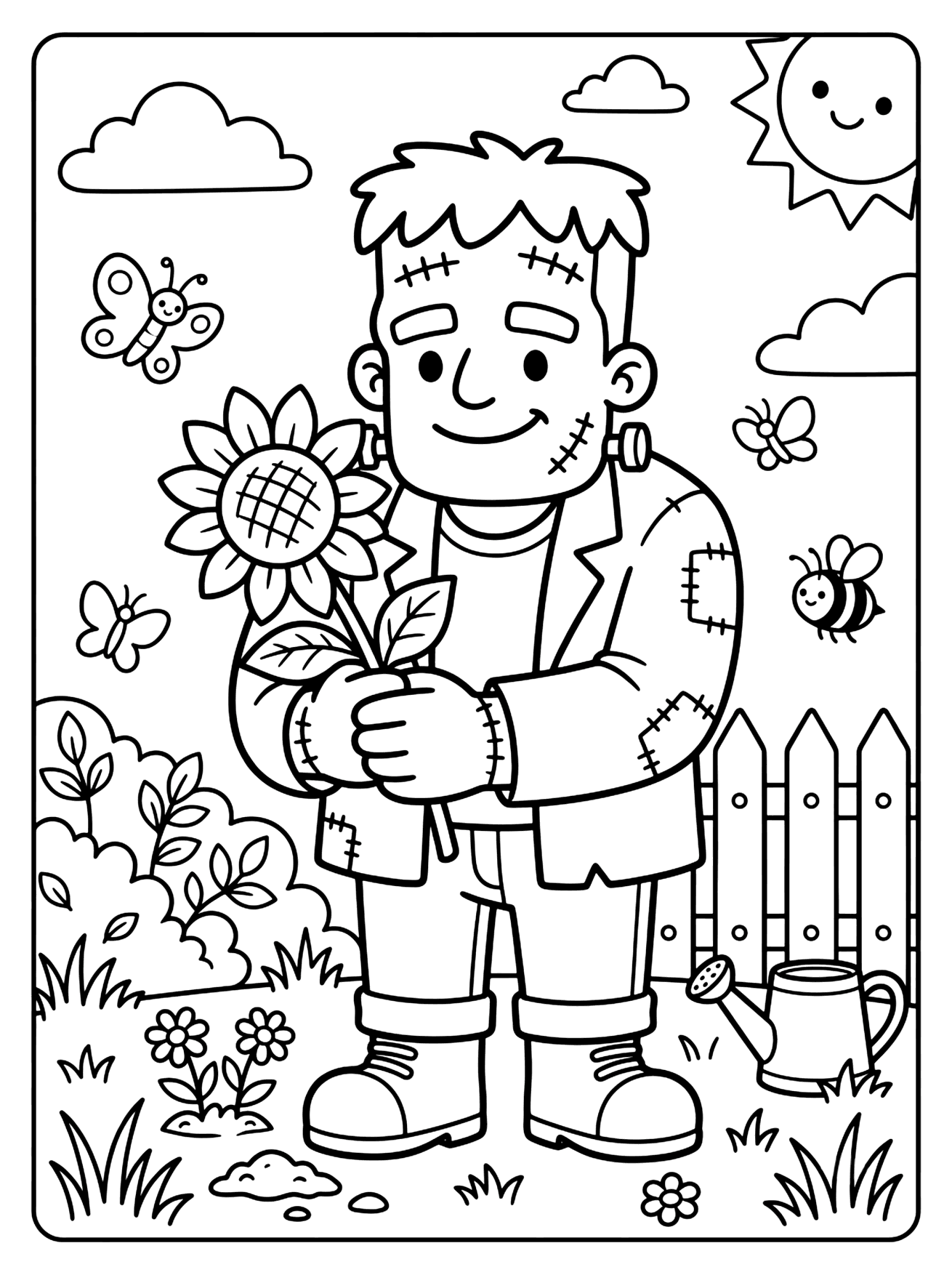 Frankenstein monster holding a sunflower in a garden with butterflies, a bee, and a smiling sun, Halloween coloring page