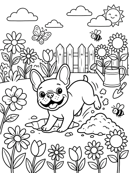 French Bulldog Digging in Garden dog coloring page for kids