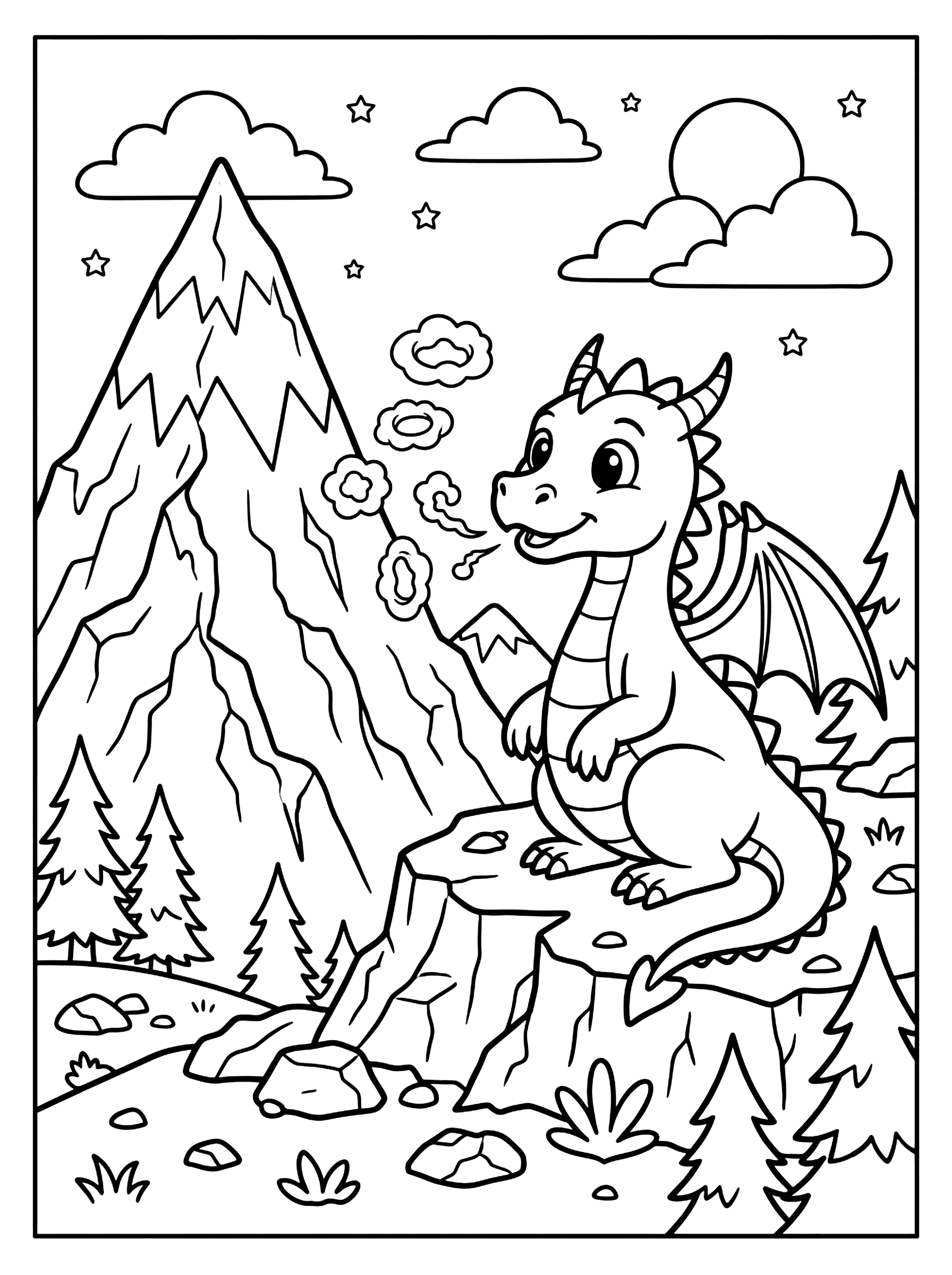 Smiling cartoon dragon sitting on a rock, blowing smoke rings near a snowy mountain, how to train your dragon coloring page