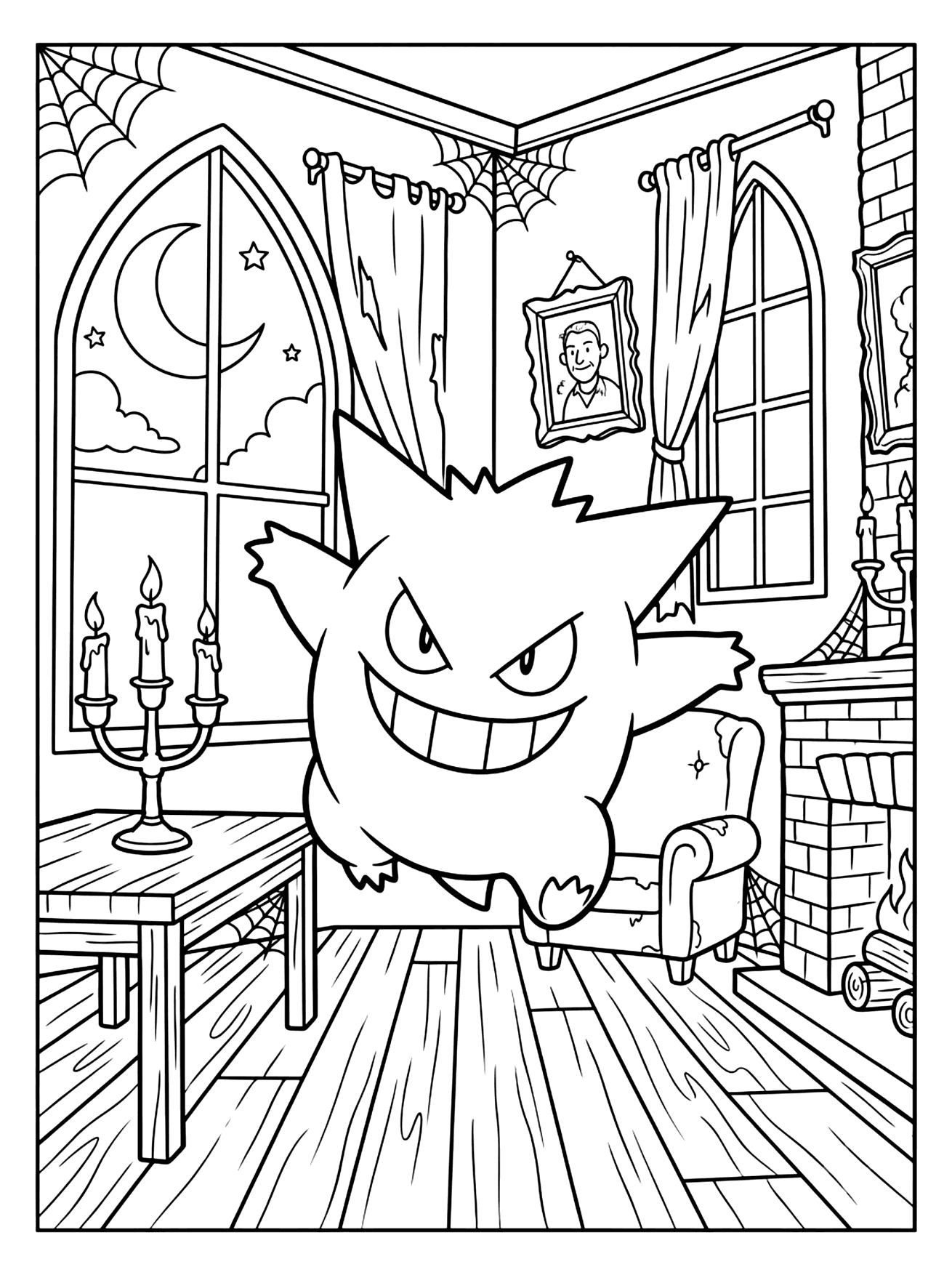 Grinning Gengar floating by a fireplace and candles in a spooky room with a moon window, pokemon coloring page