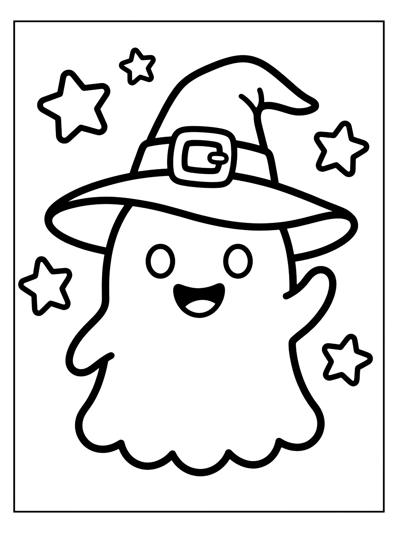 Cute ghost wearing a witch hat with a buckle, waving one arm, surrounded by five stars, Halloween coloring page