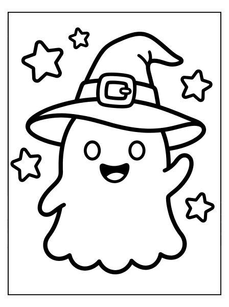 Cute ghost wearing a witch hat with a buckle, waving one arm, surrounded by five stars, Halloween coloring page