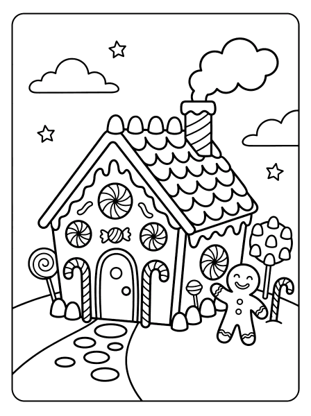 Gingerbread house with a striped chimney, candy canes, swirl lollipops, and a smiling, houses and buildings coloring page
