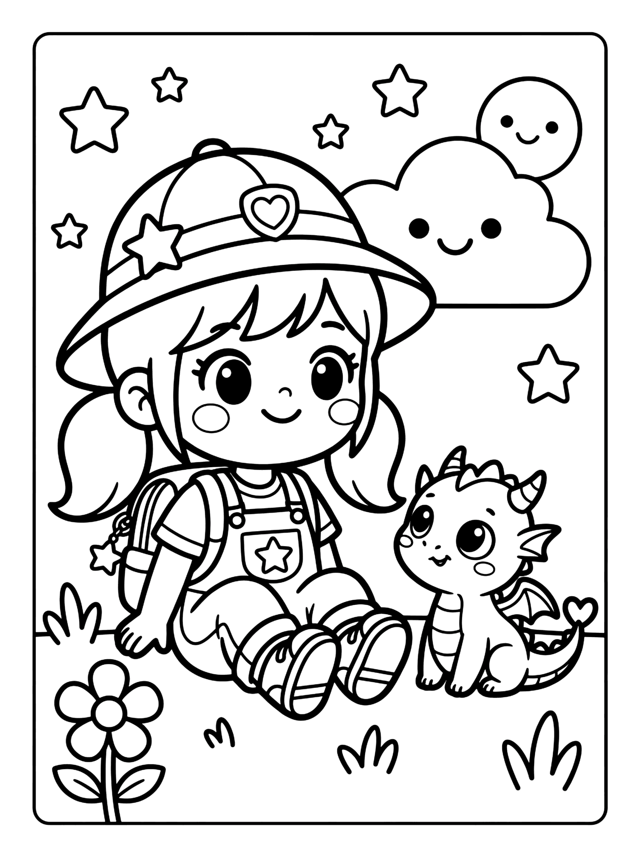 Cartoon girl in a star hat sits beside a baby dragon under stars and a smiling cloud, kpop demon coloring page