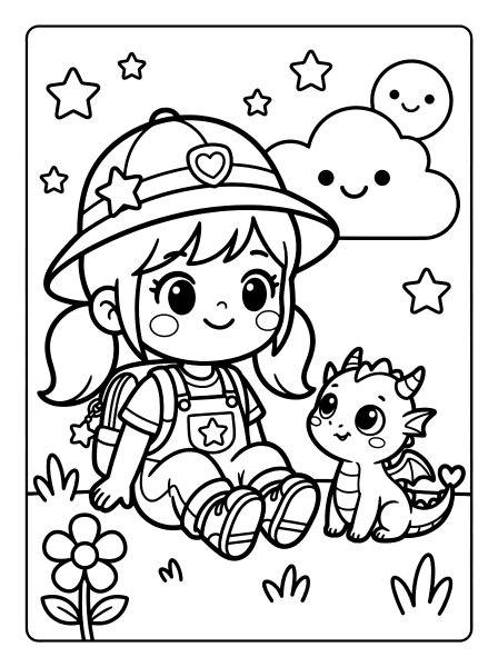 Cartoon girl in a star hat sits beside a baby dragon under stars and a smiling cloud, kpop demon coloring page