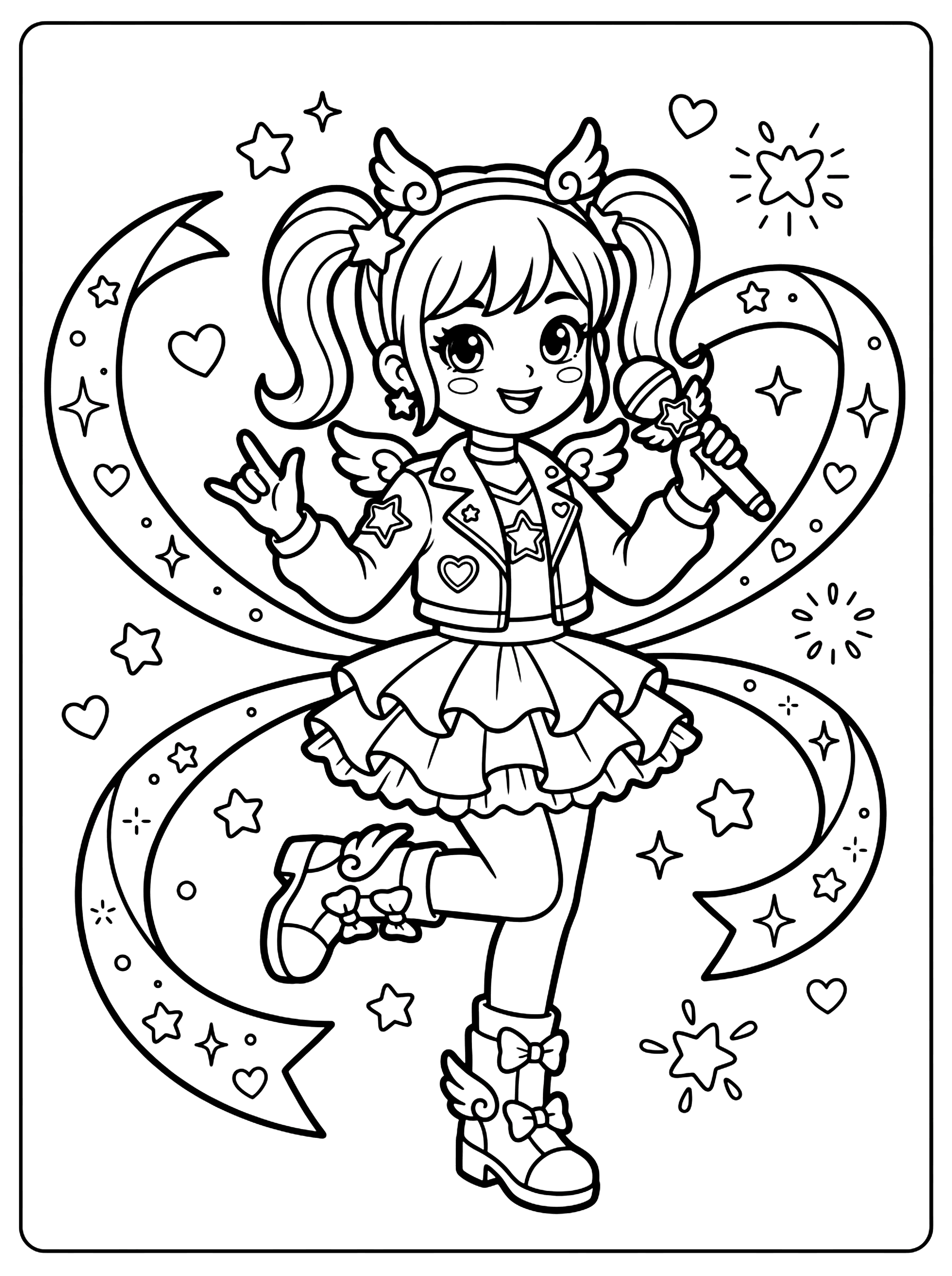 Anime girl with pigtails holding a microphone, one leg raised, stars and ribbons, black outline kpop demon coloring page