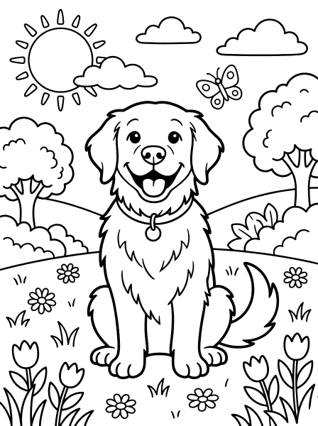 Golden Retriever Sitting in Park dog coloring page for kids