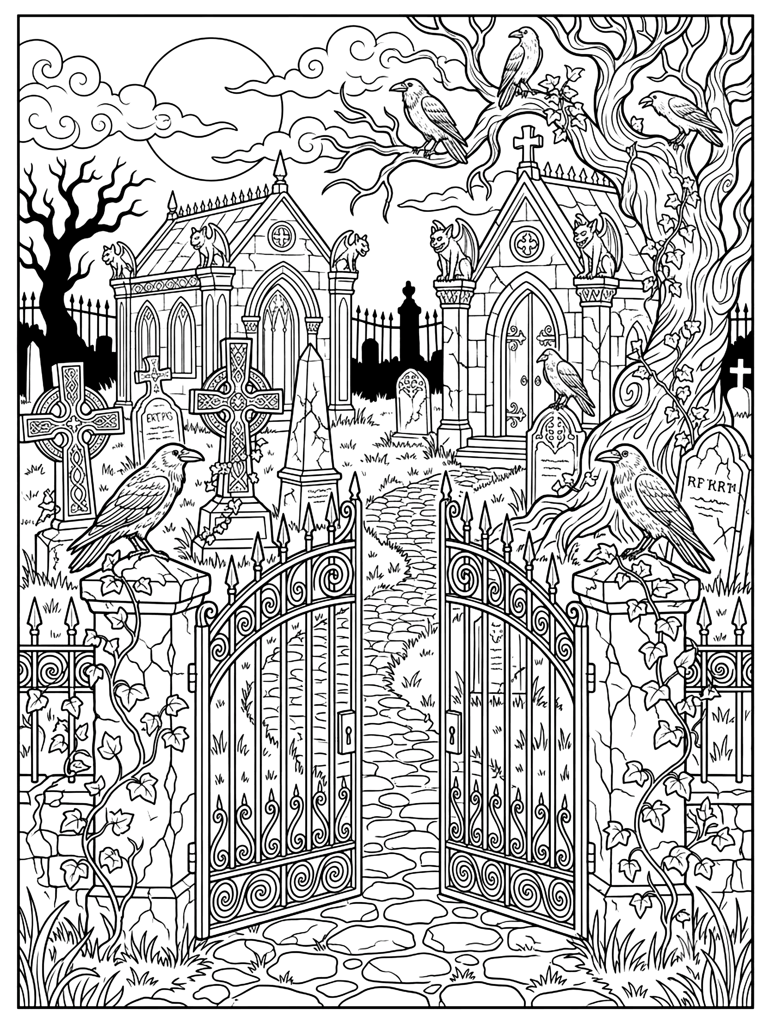 Gothic cemetery under a full moon with stone chapels, perched ravens and an open iron gate, Halloween coloring page