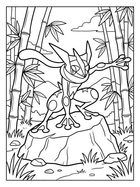 Greninja standing on a rock with one arm out, surrounded by tall bamboo and leaves, pokemon coloring page