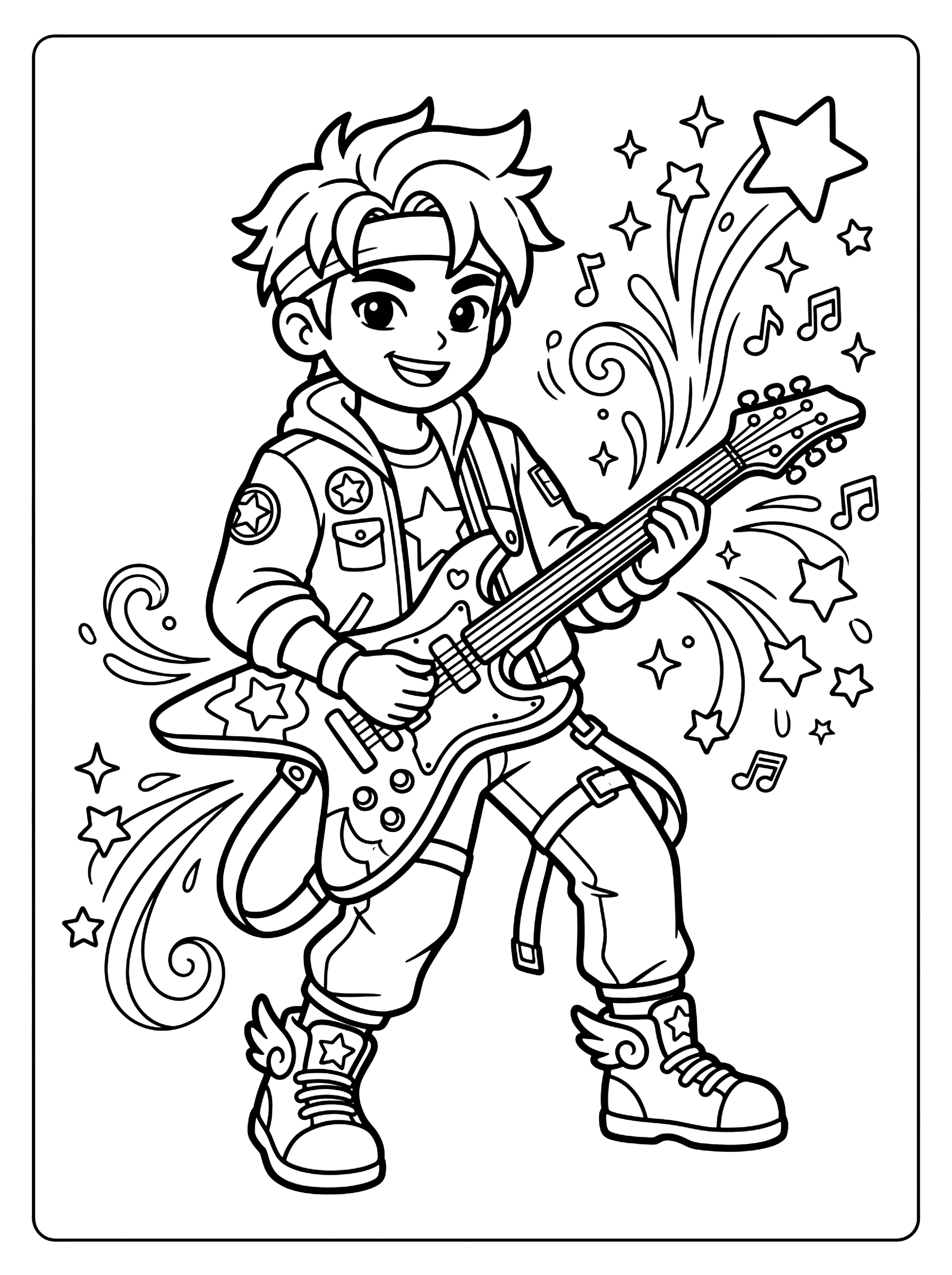 Boy with spiky hair playing an electric guitar, surrounded by stars and music notes, kpop demon coloring page