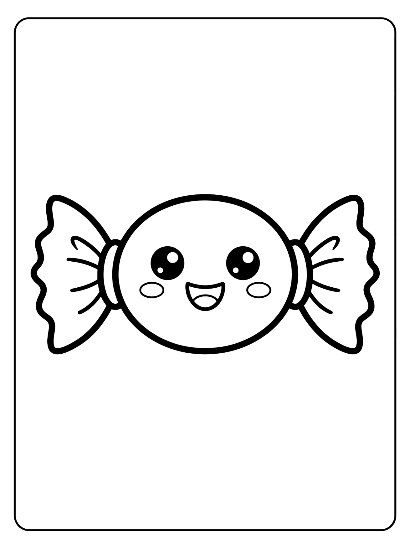 Smiling wrapped candy with big eyes, rosy cheeks, and wavy wrapper ends, black outline on white, Halloween coloring page