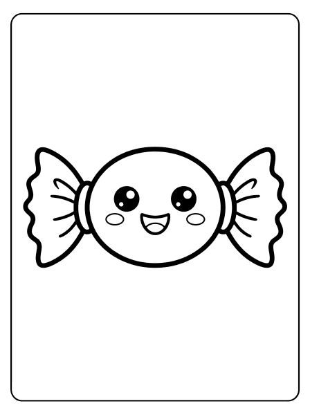 Smiling wrapped candy with big eyes, rosy cheeks, and wavy wrapper ends, black outline on white, Halloween coloring page