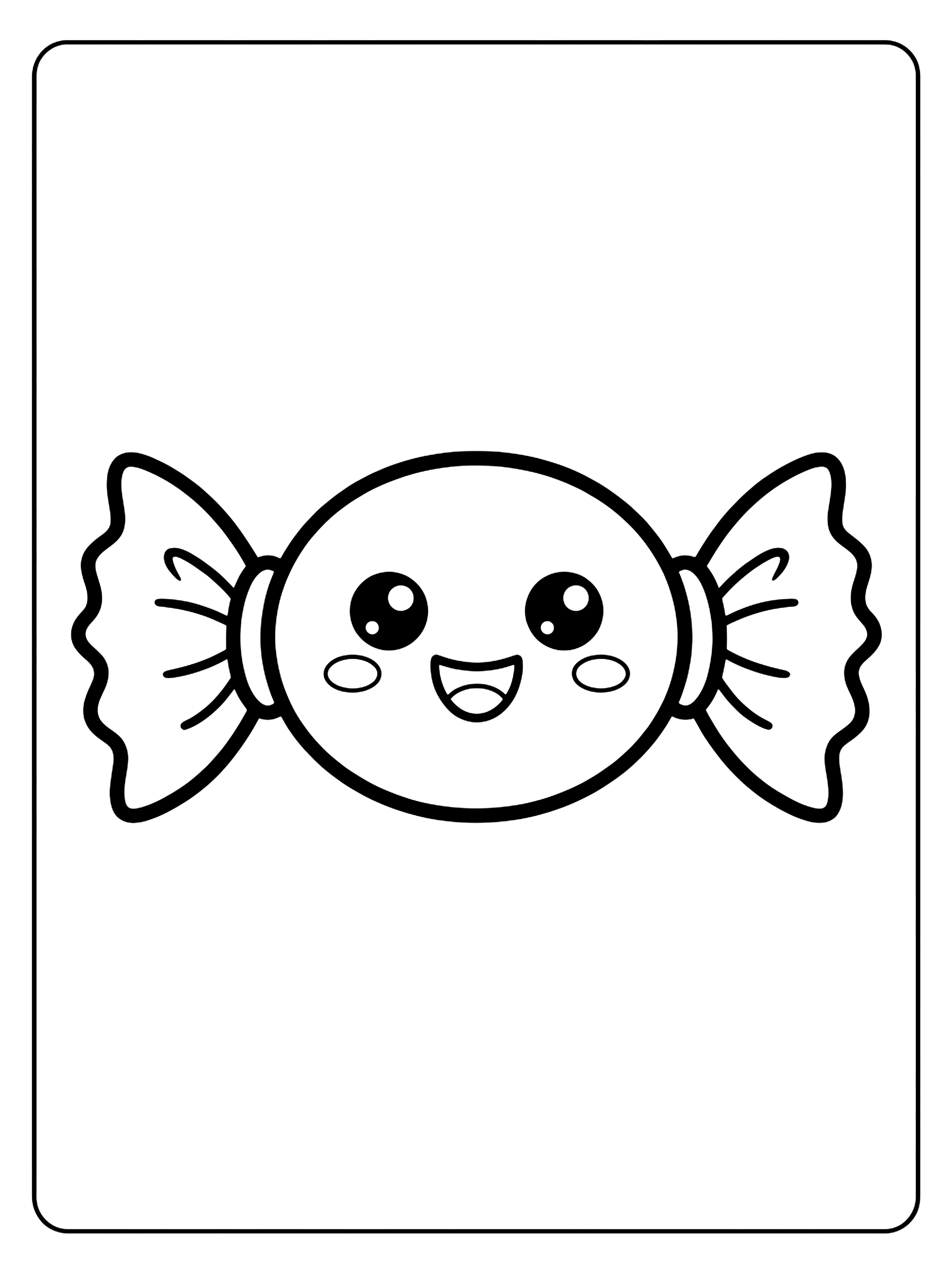 Smiling wrapped candy with big eyes, rosy cheeks, and wavy wrapper ends, black outline on white, Halloween coloring page