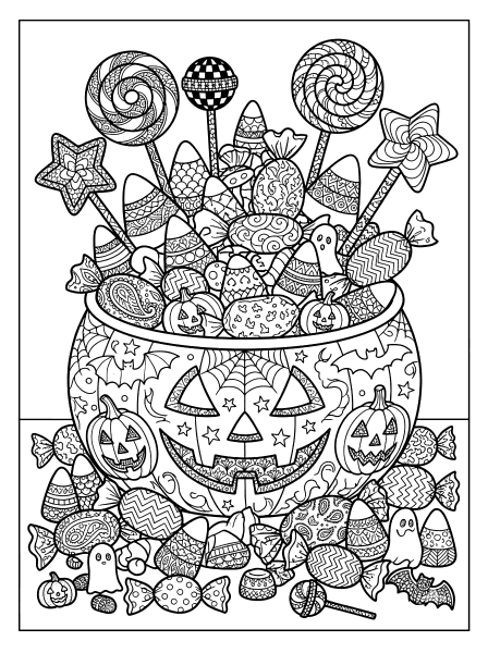 Jack-o'-lantern bucket overflowing with lollipops, candy corn and wrapped candy, with ghosts, Halloween coloring page