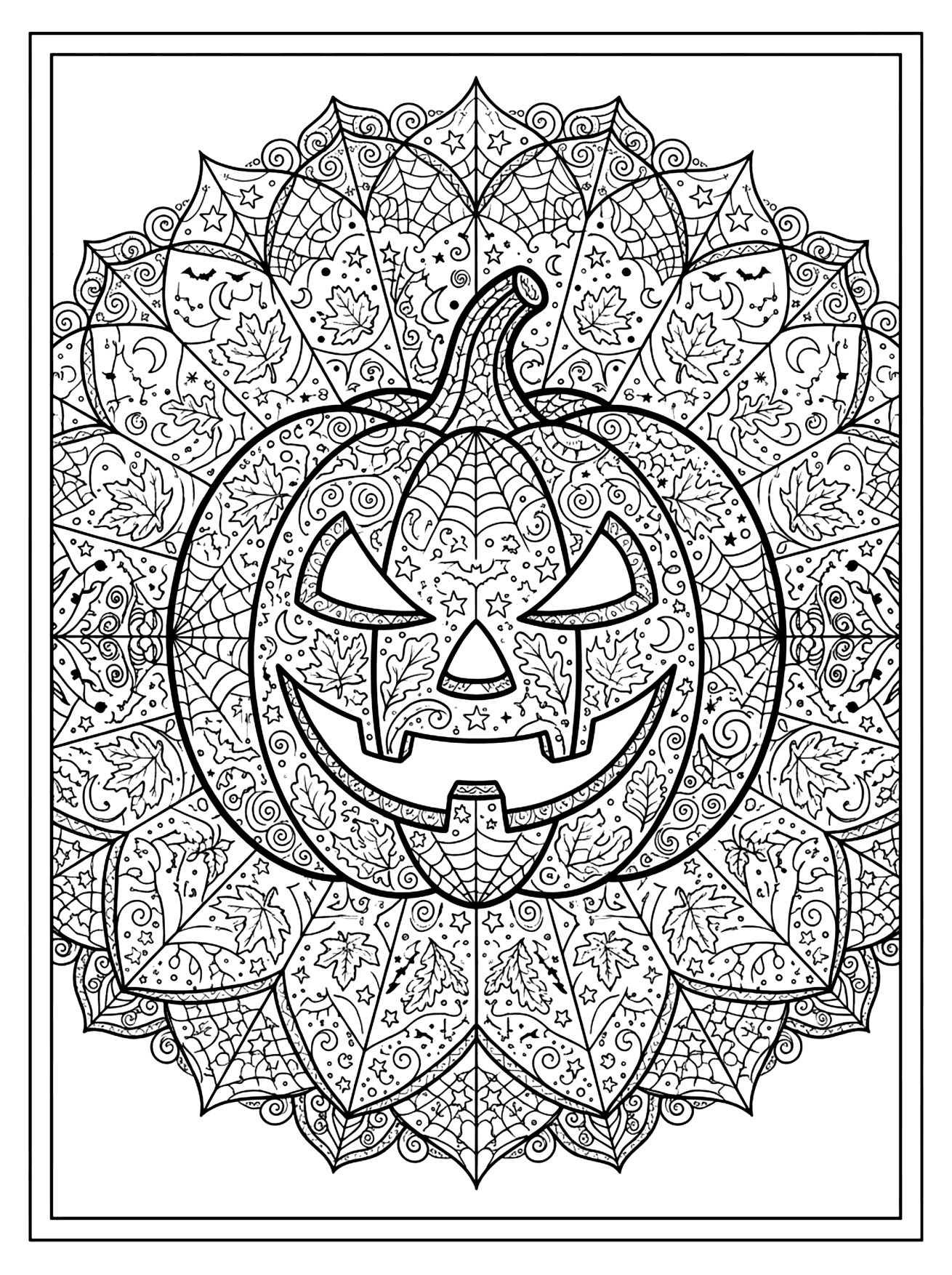 Jack-o'-lantern with triangle eyes and toothy grin inside a spiderweb and leaf mandala, Halloween coloring page
