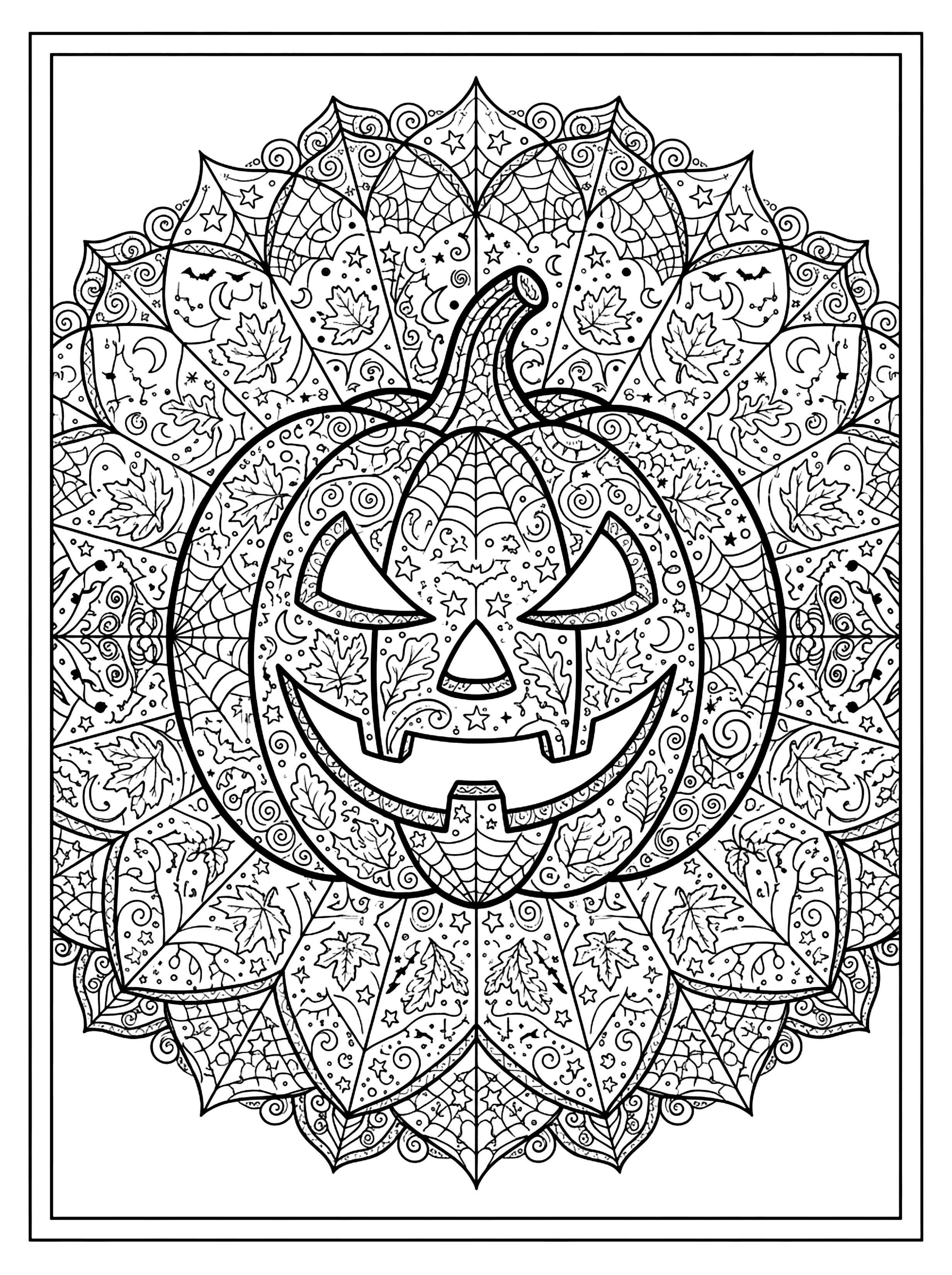 Jack-o'-lantern with triangle eyes and toothy grin inside a spiderweb and leaf mandala, Halloween coloring page