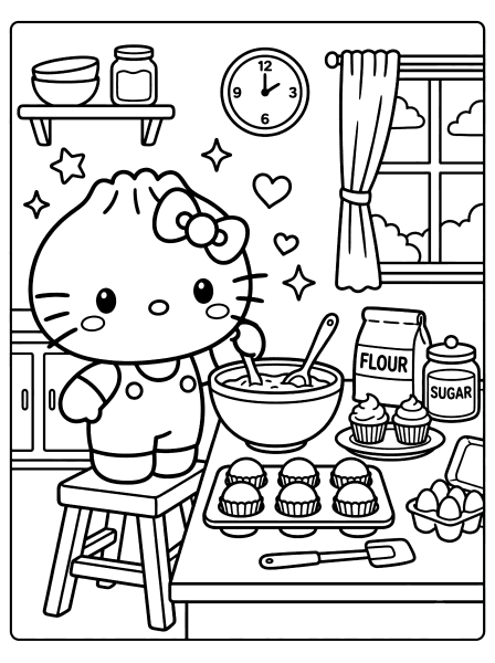 Hello Kitty stirring batter at a kitchen counter with cupcakes, flour and a muffin tin, coloring page