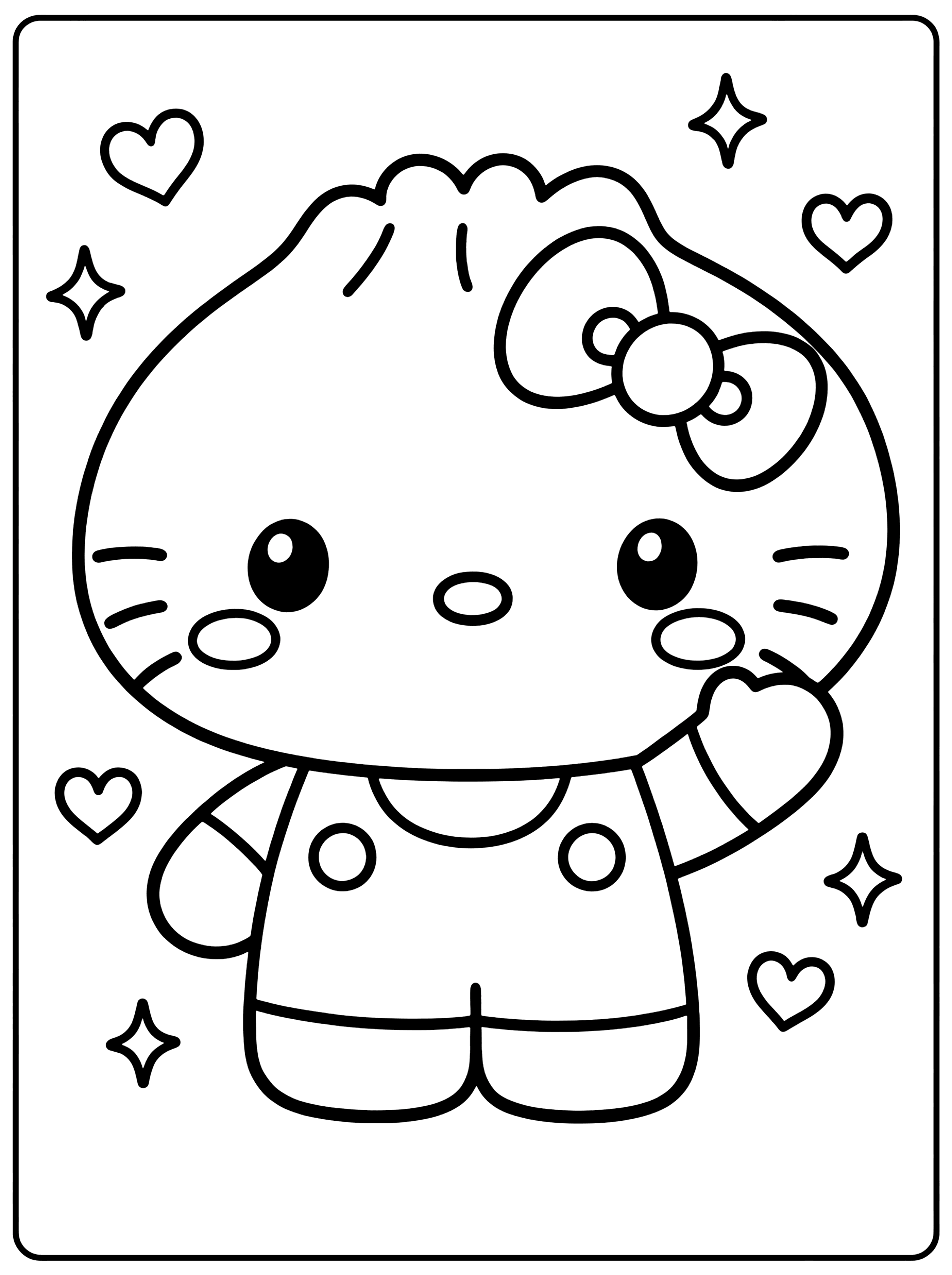 Cat character with a bow on its head, overalls, one hand waving, surrounded by hearts and sparkles, hello kitty coloring page