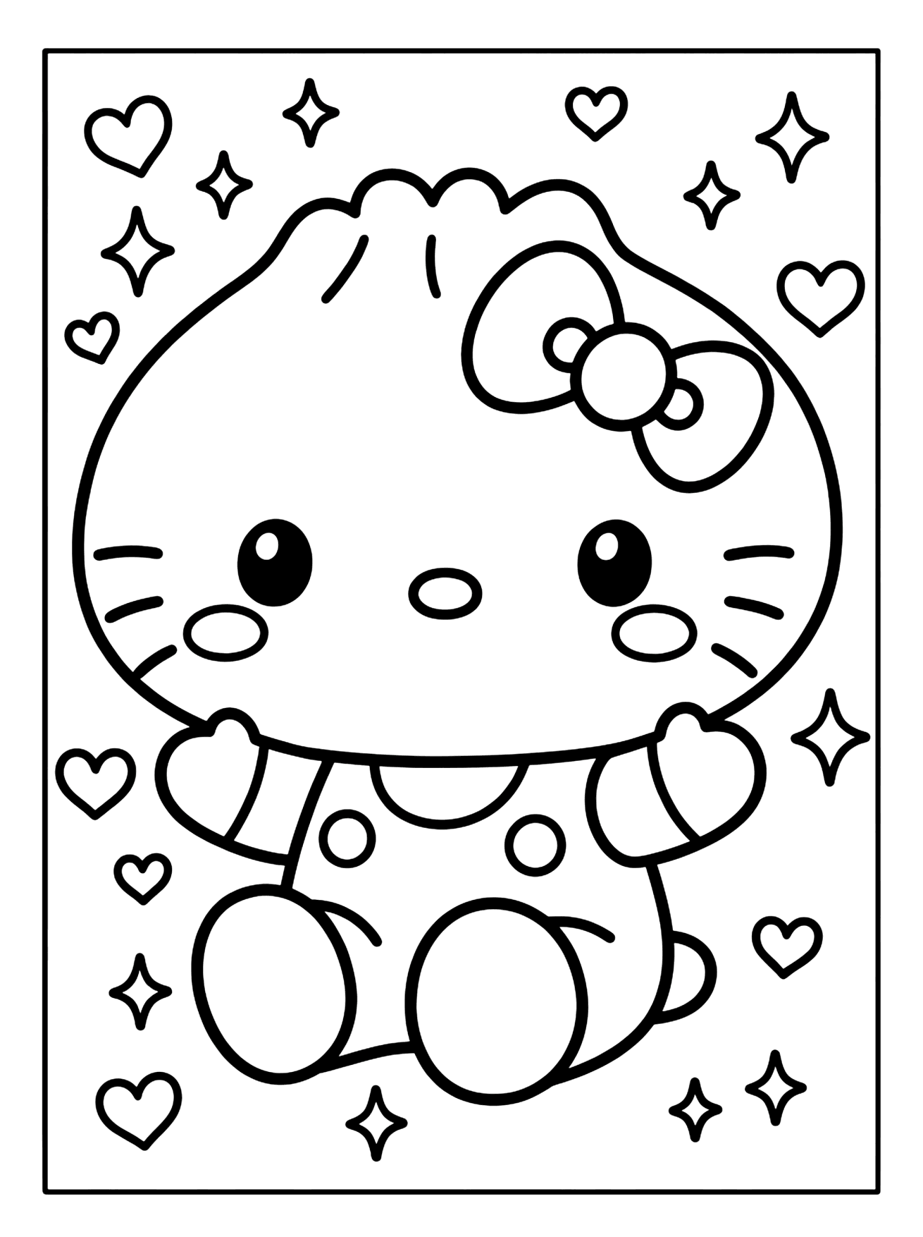 Hello Kitty sitting with a bow, polka dot dress, hearts and sparkles around her, black outline drawing, coloring page