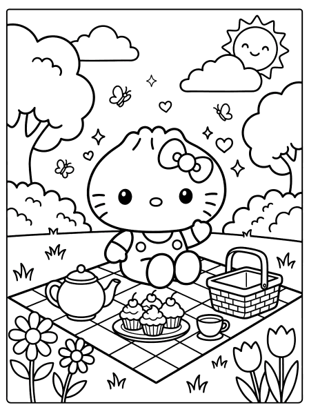 Hello Kitty sitting on a picnic blanket with cupcakes, a teapot, and a basket in a park, coloring page
