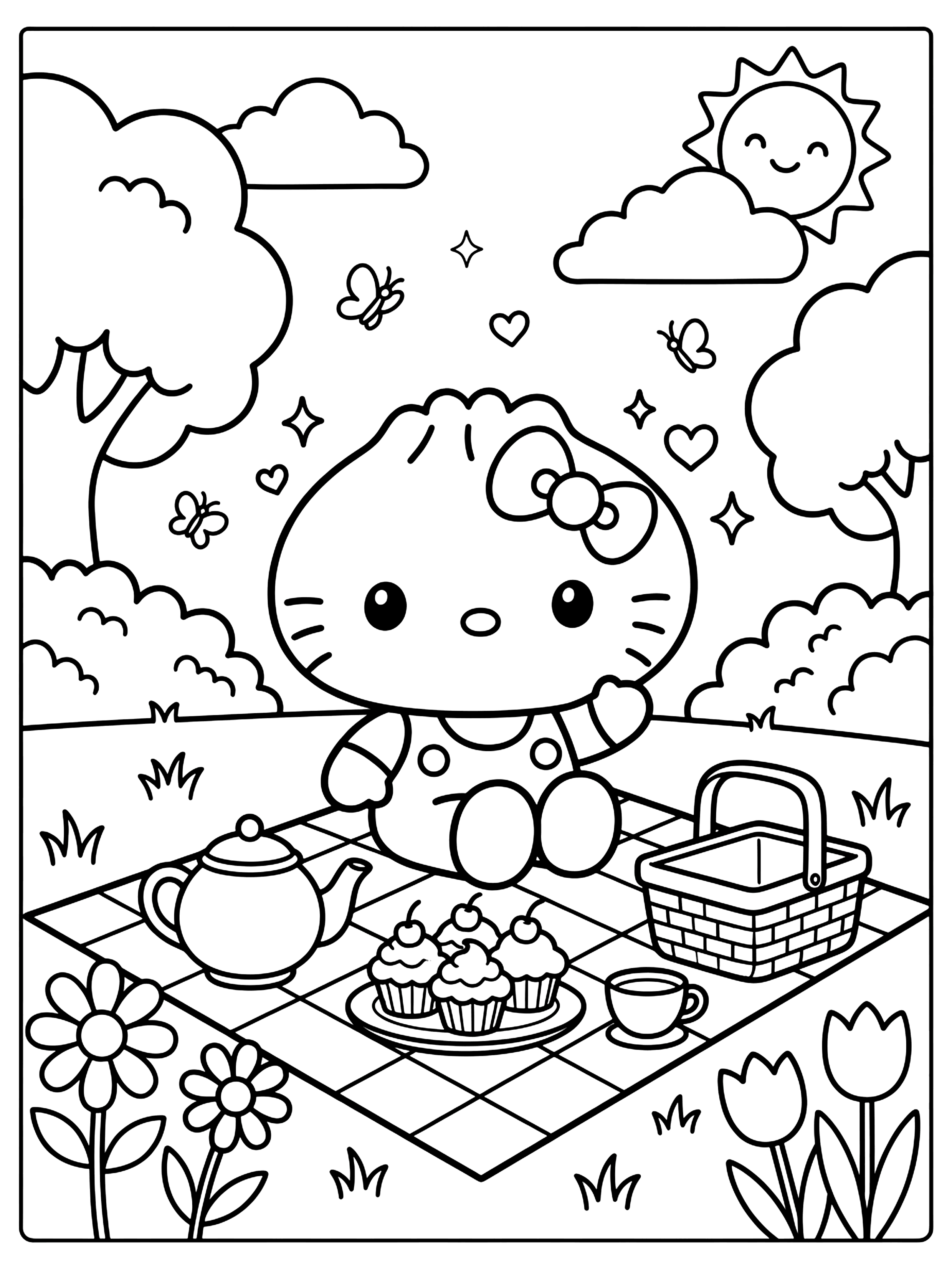 Hello Kitty sitting on a picnic blanket with cupcakes, a teapot, and a basket in a park, coloring page