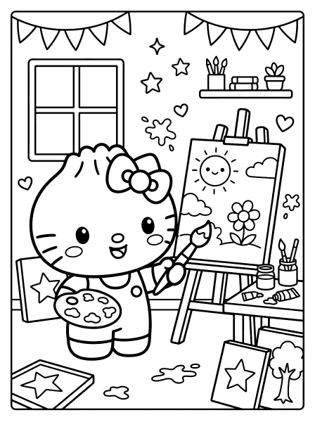 Hello Kitty holding a brush and palette beside an easel with a sunny painting, bunting and stars, coloring page