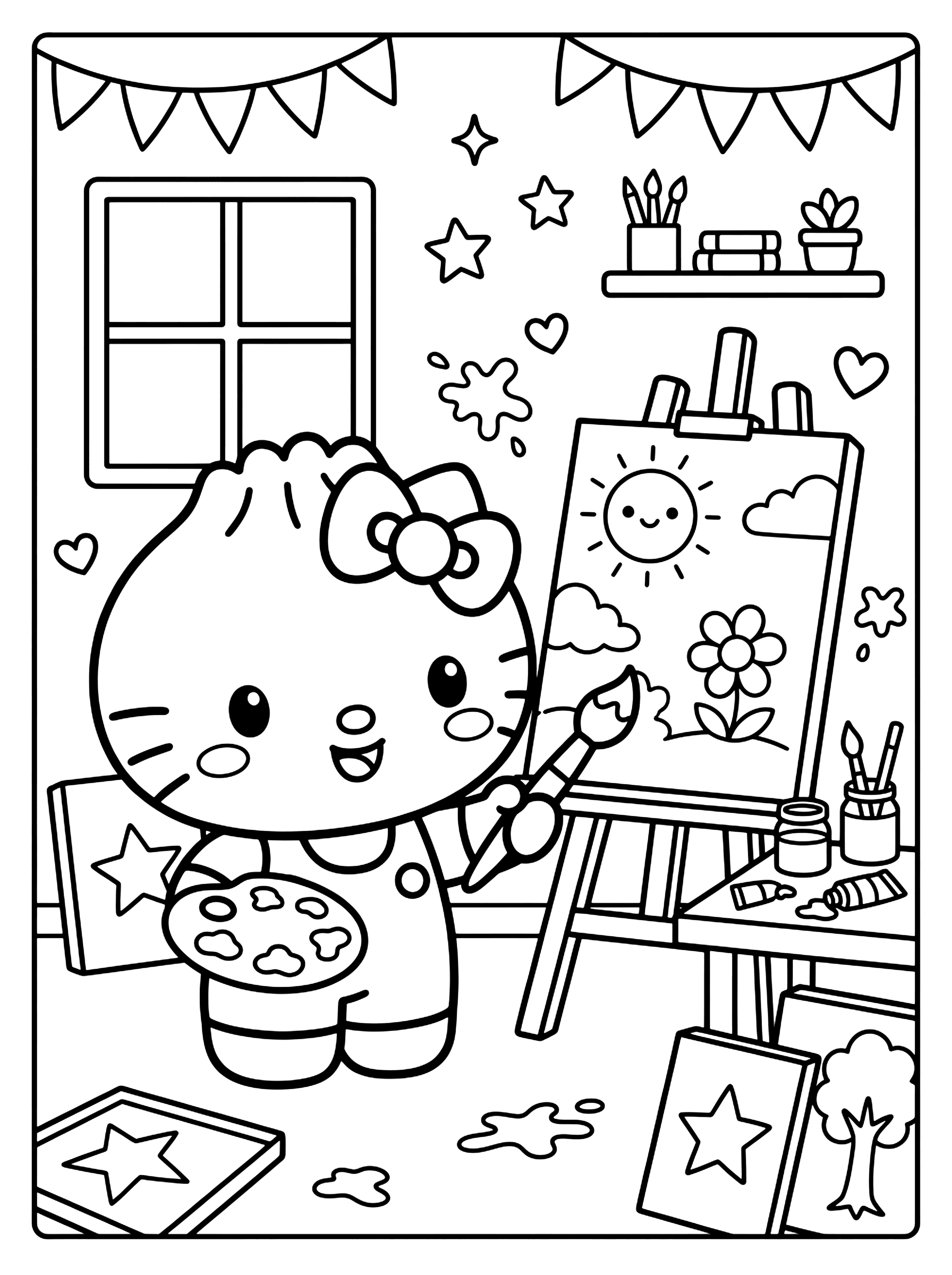 Hello Kitty holding a brush and palette beside an easel with a sunny painting, bunting and stars, coloring page