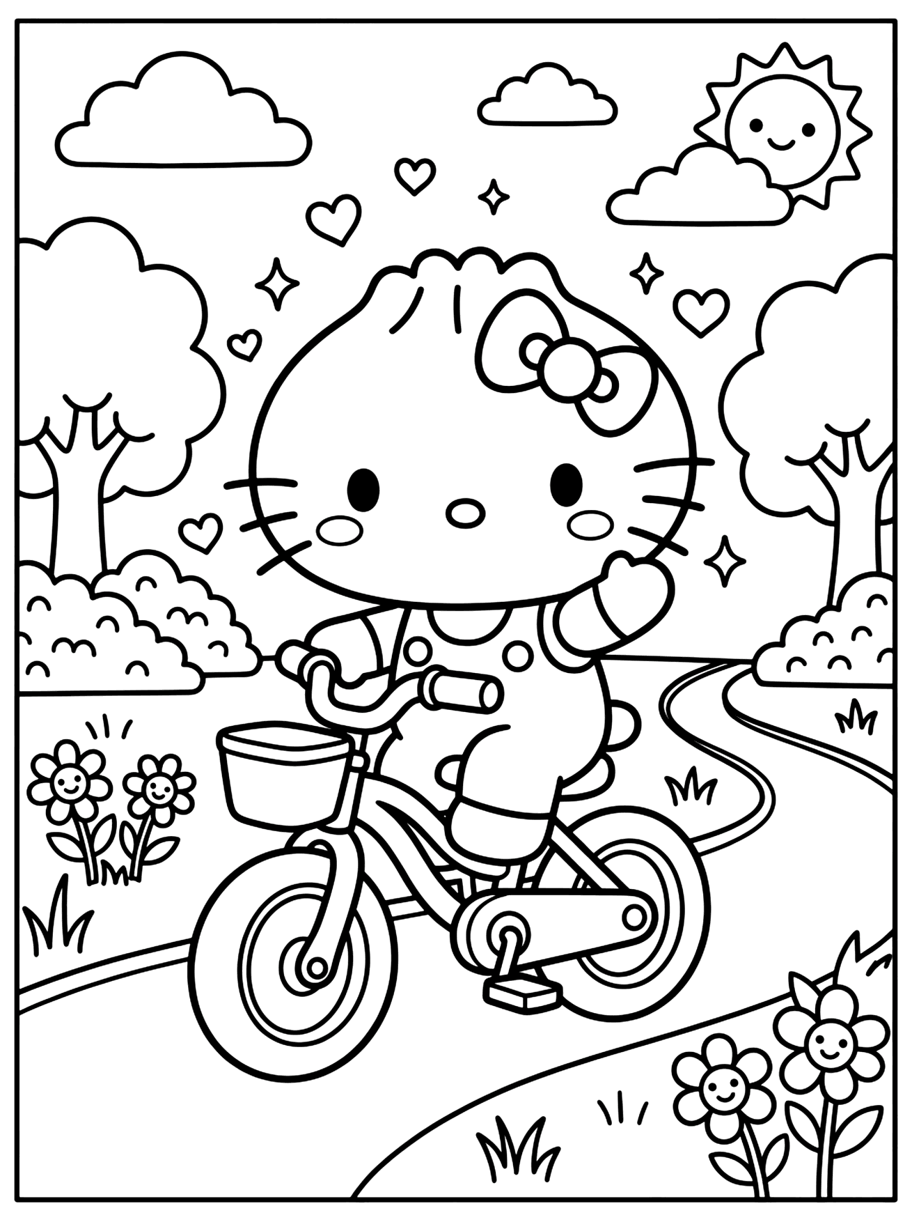 Hello Kitty waving while riding a bicycle with a basket on a path with trees, sun, and flowers, coloring page