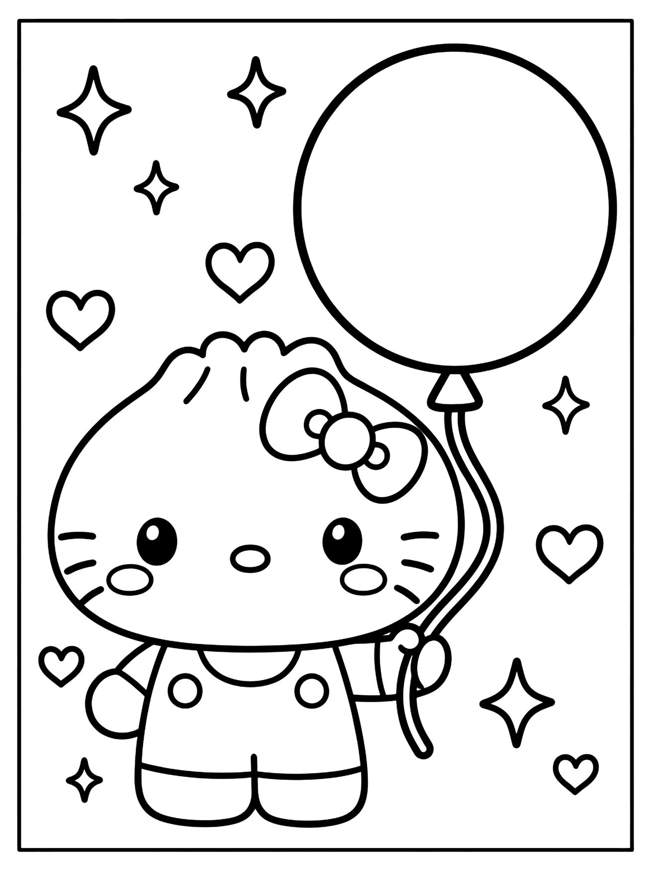 Hello Kitty character with a bow holding a big empty balloon, surrounded by stars and hearts, black outline coloring page
