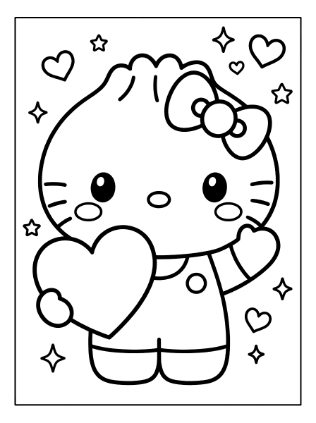 Hello Kitty holding a big heart, with a bow on her head and stars and hearts around her, coloring page