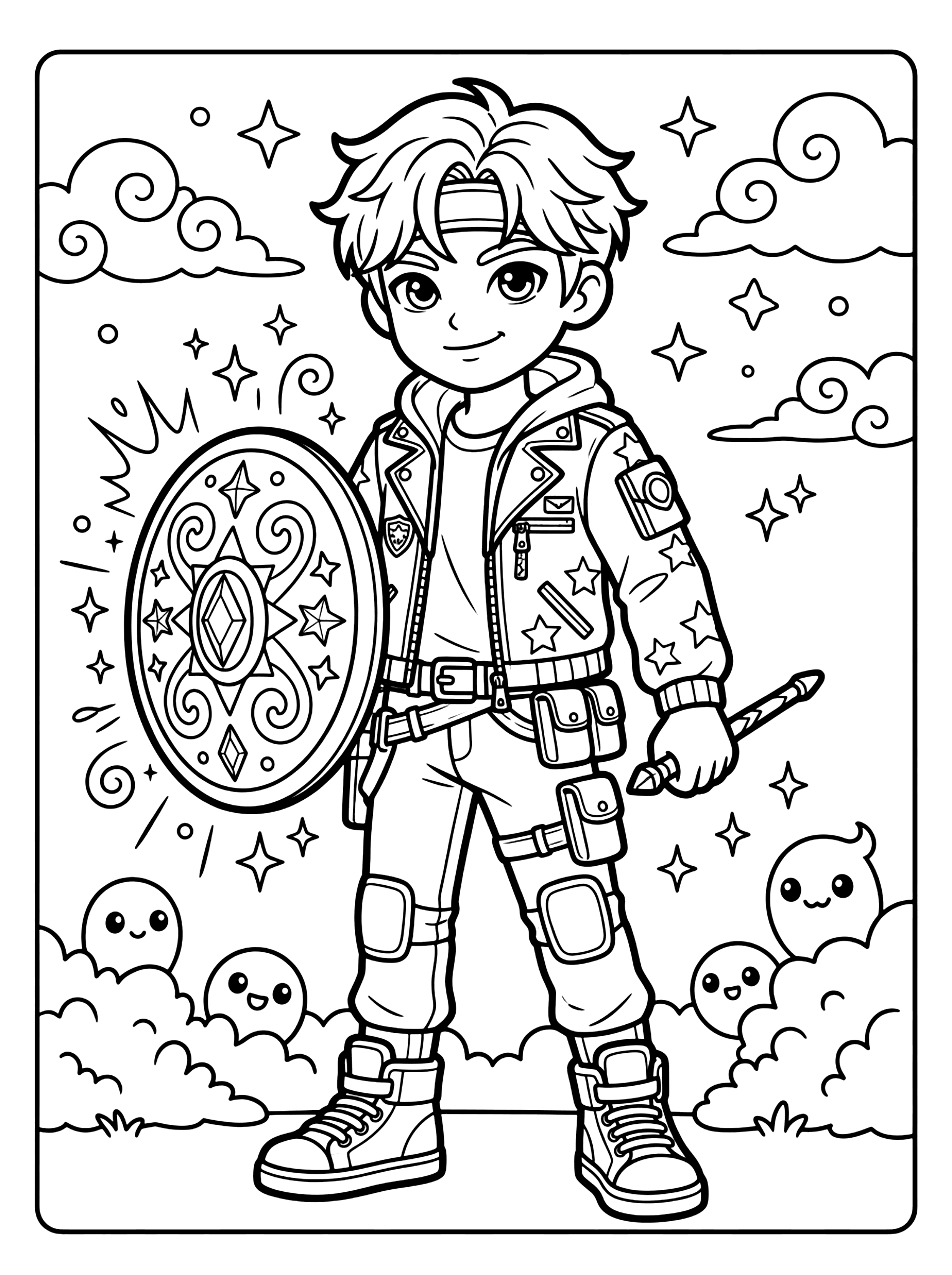 Anime boy holding a patterned shield and pointed weapon, with clouds and smiling creatures, kpop demon coloring page