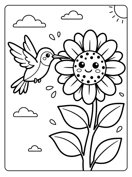 A cute hummingbird hovering next to a smiling sunflower bird coloring page