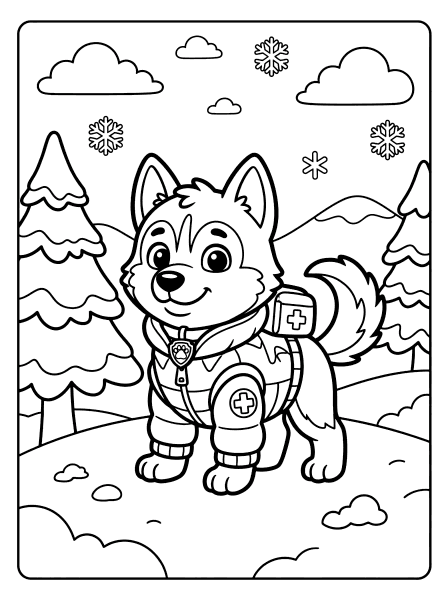 Smiling cartoon husky pup in a puffy vest with a paw badge standing on a snowy hill, paw patrol coloring page