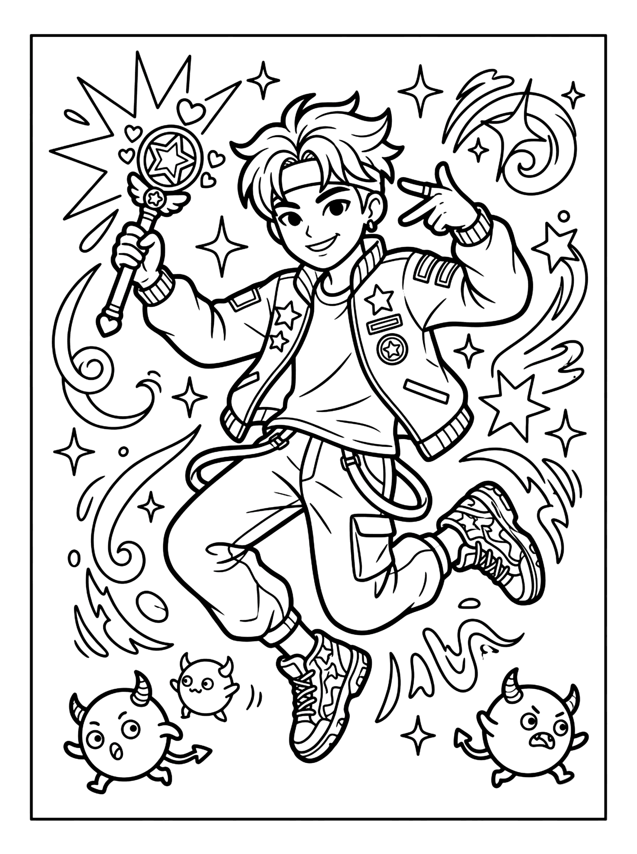 Line art of a jumping boy with spiky hair holding a star wand and sparkles, kpop demon coloring page