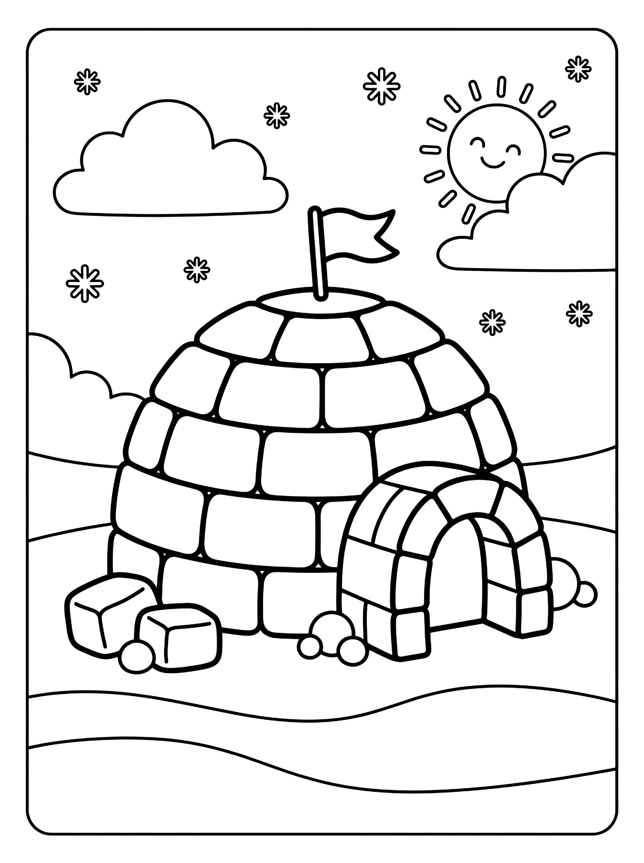 Outline of an igloo with a flag, arched doorway, snow blocks, smiling sun and clouds, houses and buildings coloring page