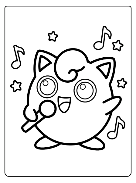 Jigglypuff singing into a microphone with one arm raised, surrounded by music notes and stars, pokemon coloring page