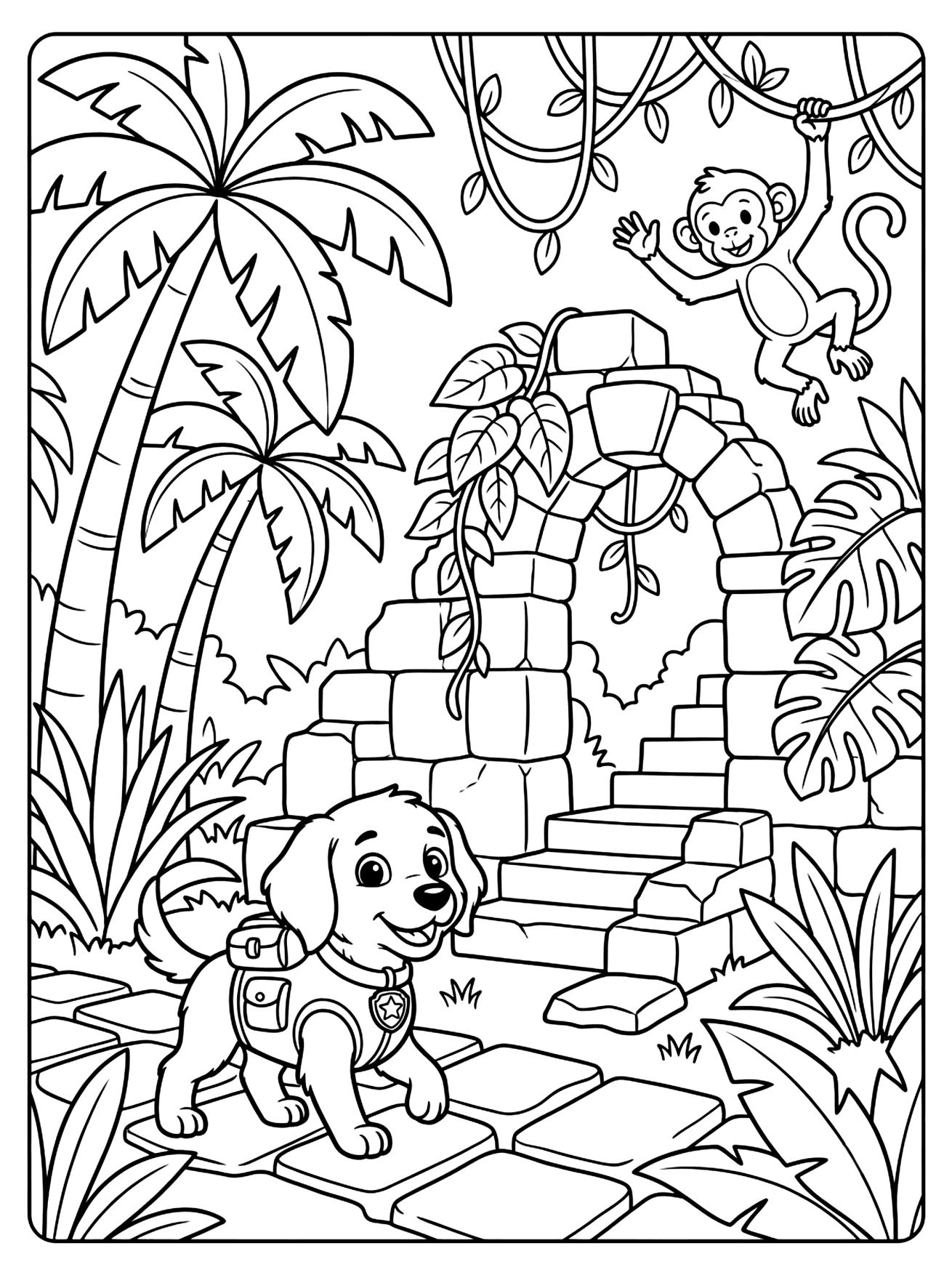 Puppy in a harness on a stone path, monkey swinging from a vine, stone arch and palm trees, paw patrol coloring page