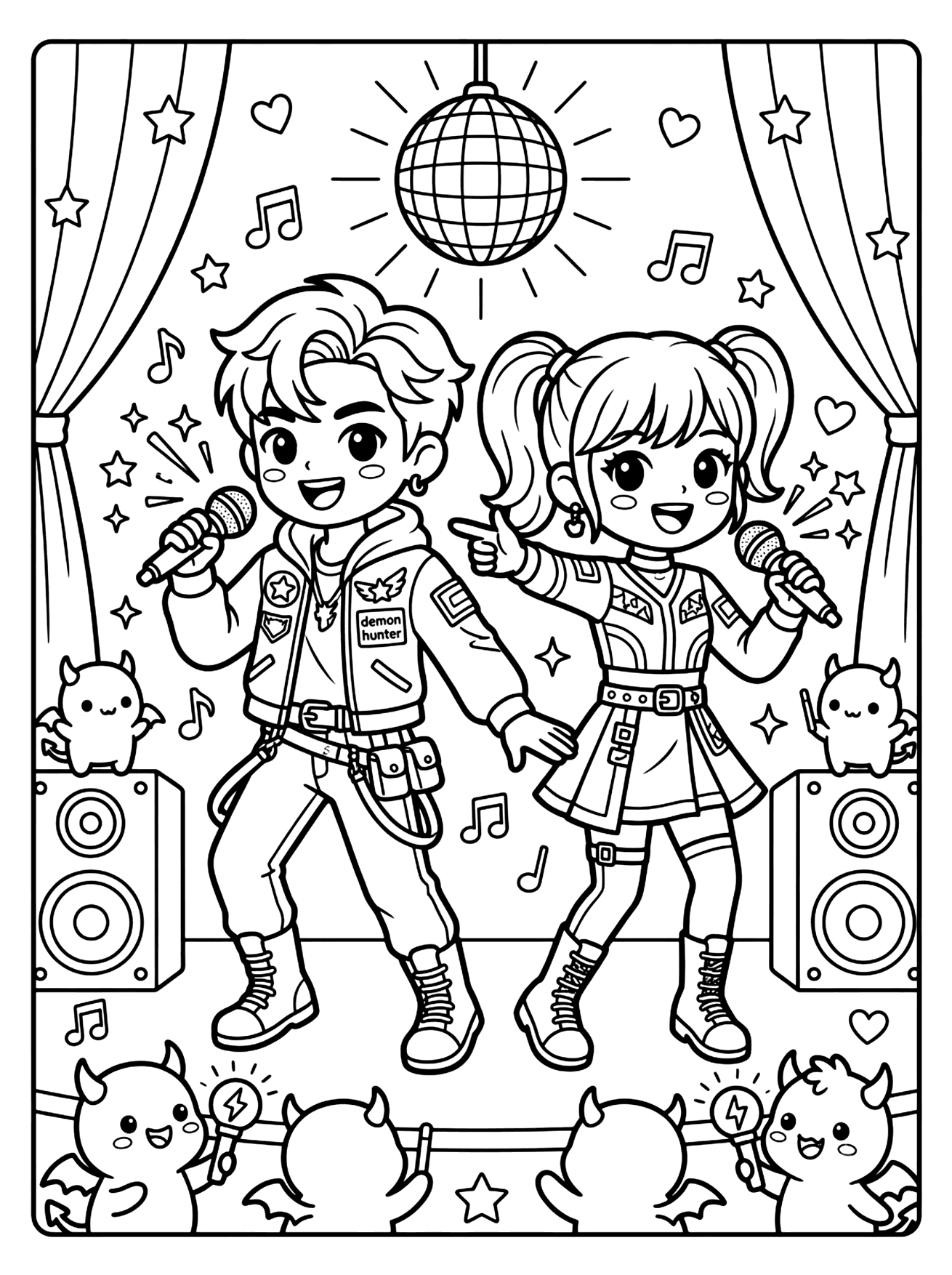 Two cartoon singers with microphones on a stage under a disco ball, with cute devils and speakers, kpop demon coloring page