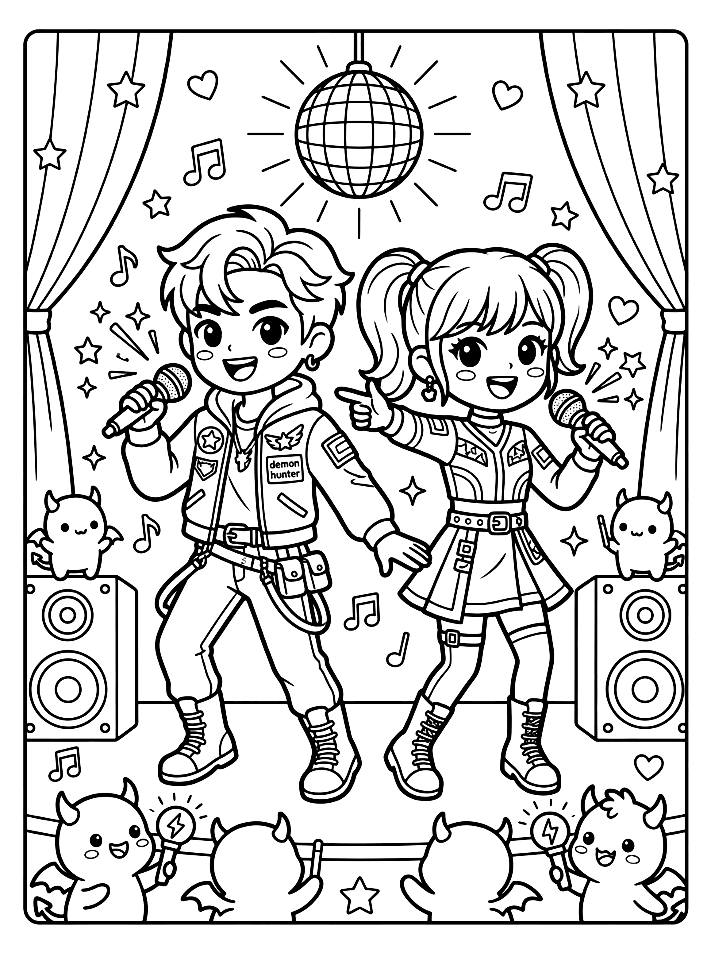 Two cartoon singers with microphones on a stage under a disco ball, with cute devils and speakers, kpop demon coloring page