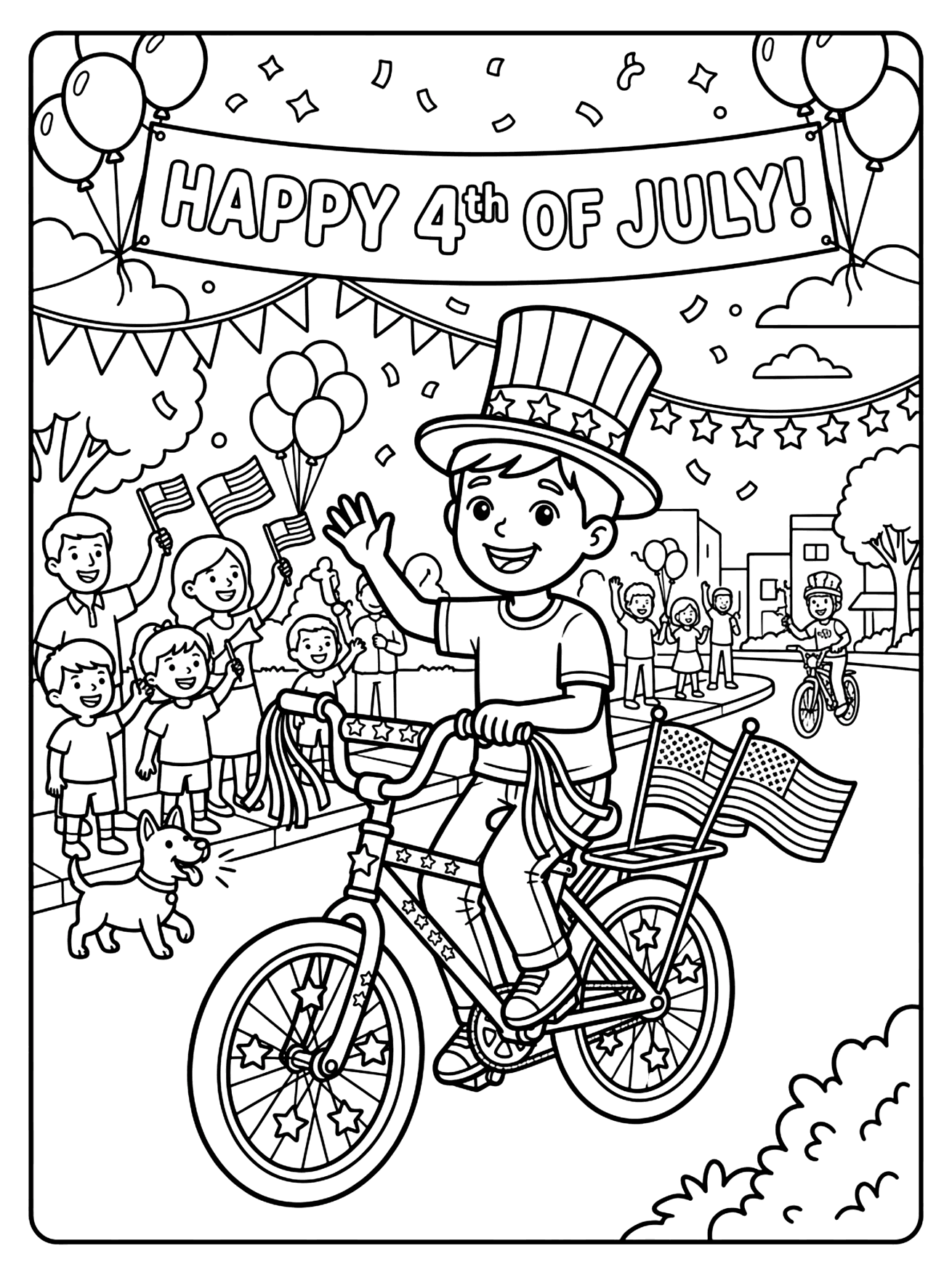 Smiling boy in a striped top hat riding a star-patterned bicycle in a parade, 4th of July coloring page