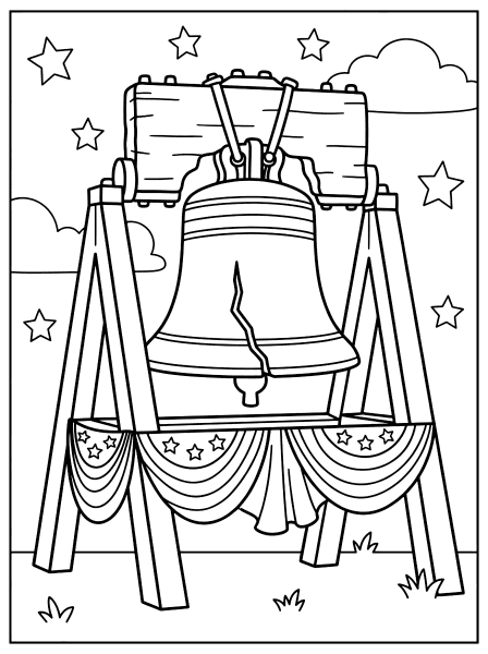 Liberty Bell with a crack hanging in a wooden frame above striped bunting with stars, 4th of July coloring page