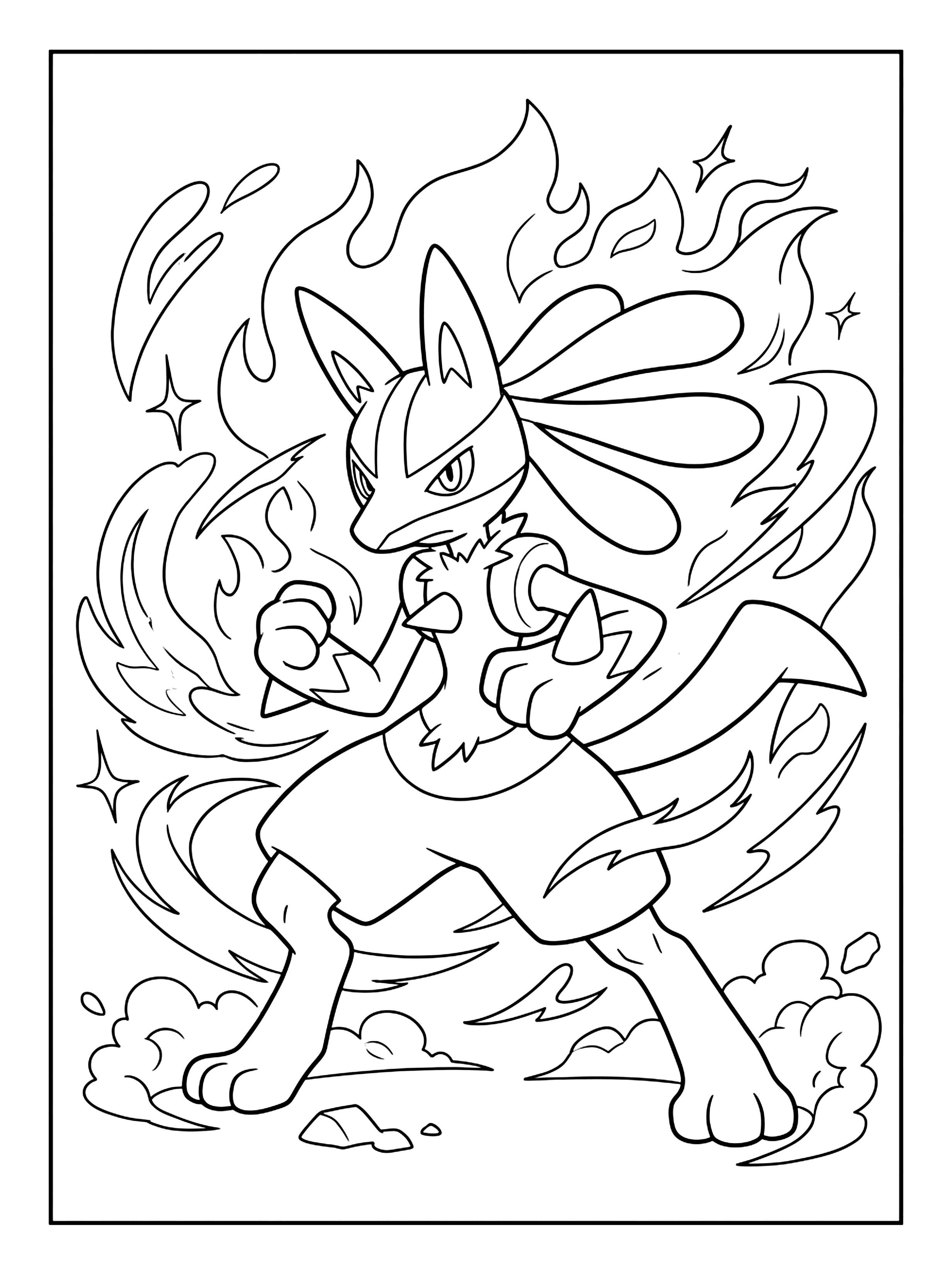 Lucario in a fighting stance with raised fists, swirling flames and sparkles around it, pokemon coloring page