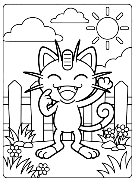 Meowth standing with eyes closed in a big smile, one paw raised, curly tail, fence and flowers around, pokemon coloring page
